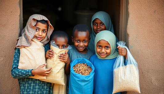 Children in hijabs holding sacks of grain showing how buying faith-based clothing helps children