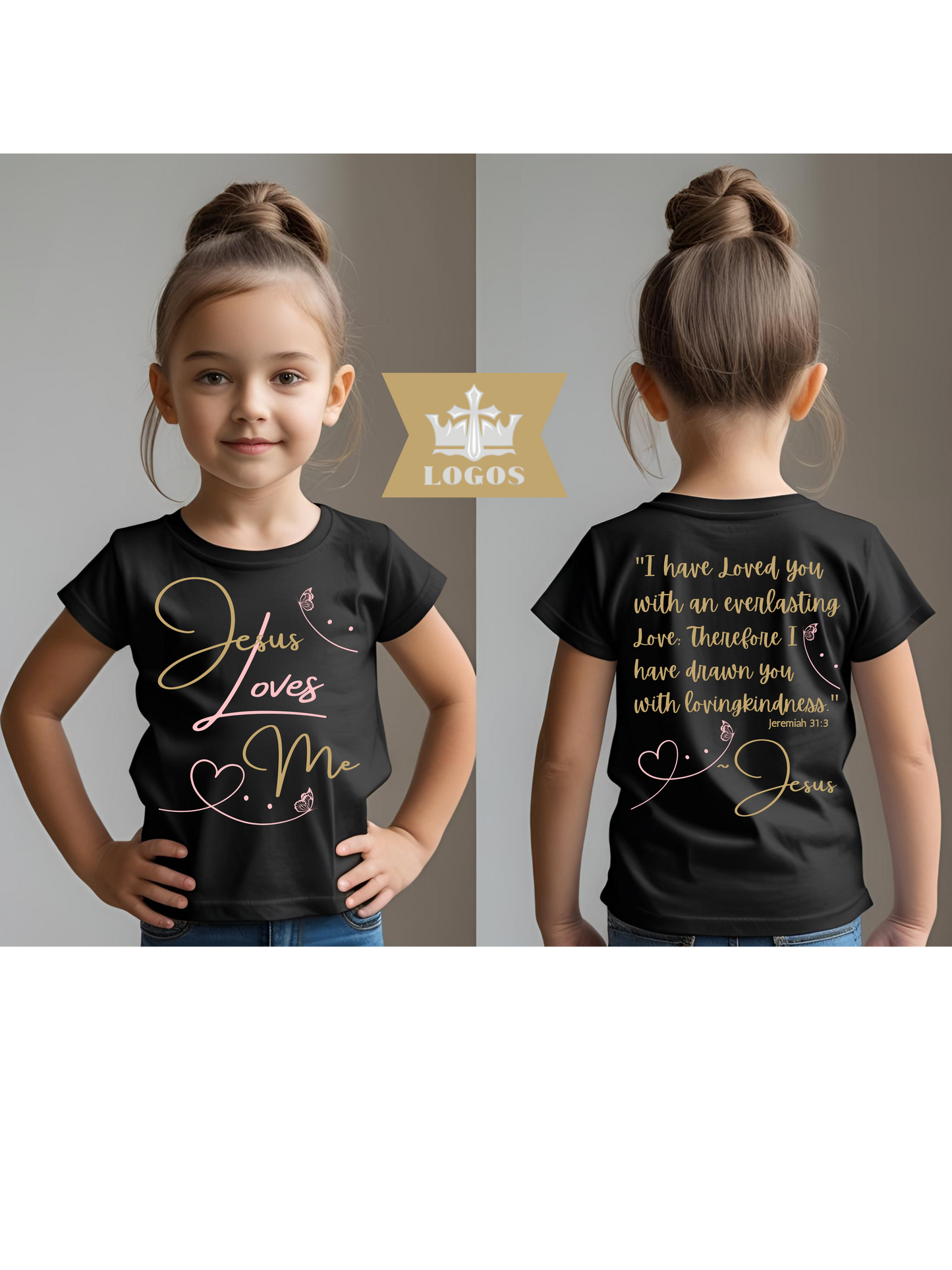 Logos Co. black Jesus Loves Me shirt for girls showing the front and back designs