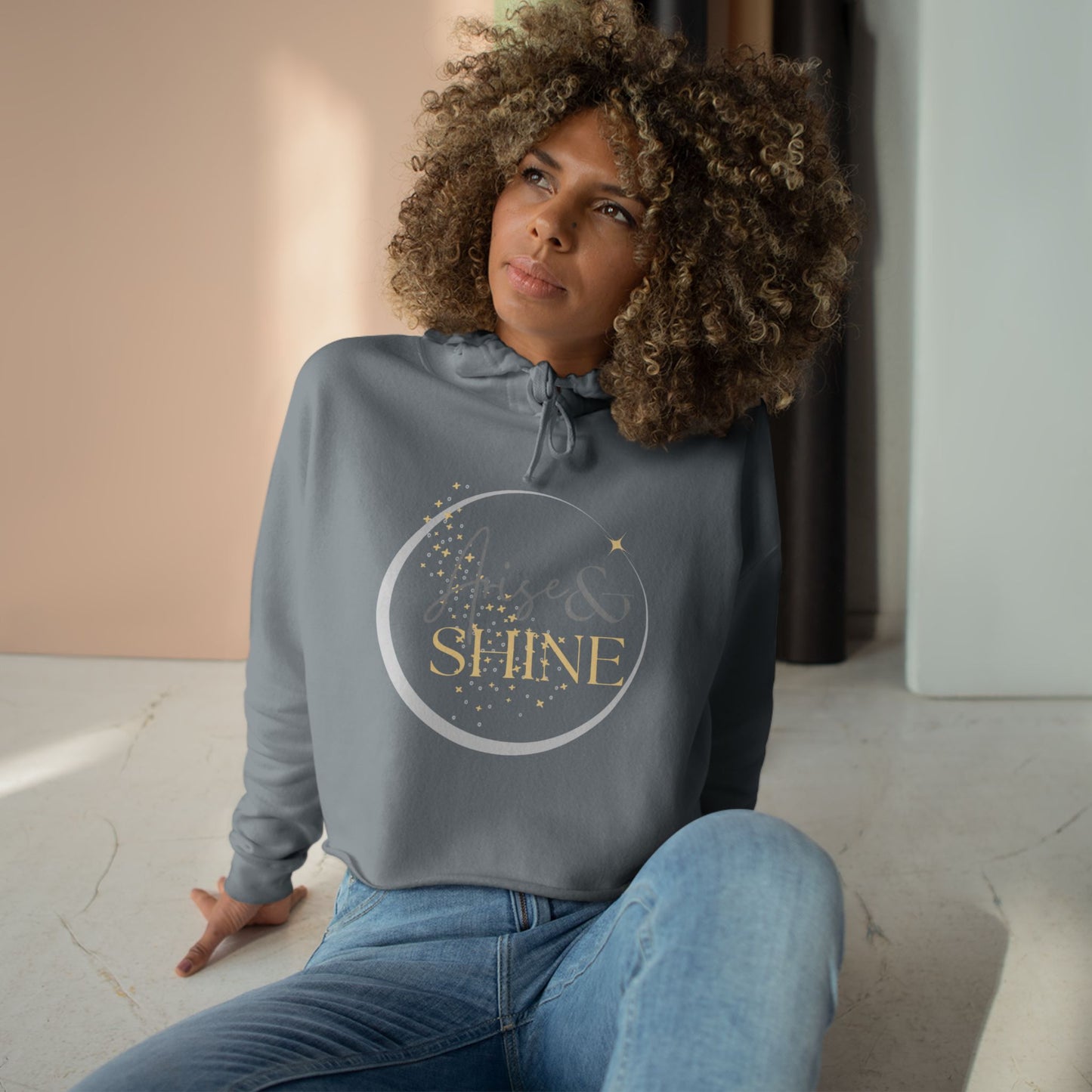 Arise & Shine Christian women's crop hoodie in gray with stylish graphic design