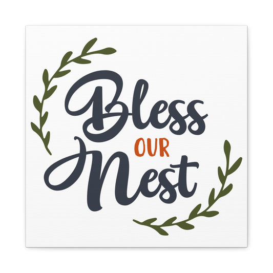 Bless Our Nest 16 x 16 Matte Canvas Wall Art Home Decor with 'Bless Our Nest' in Dark Blue and Green Design, Front View