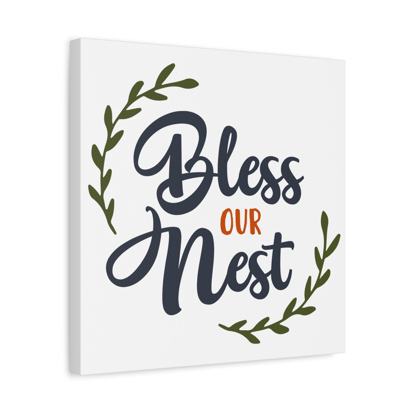 Bless Our Nest 16 x 16 Matte Canvas Wall Art Home Decor in dark blue and orange with green leaf accents, front view