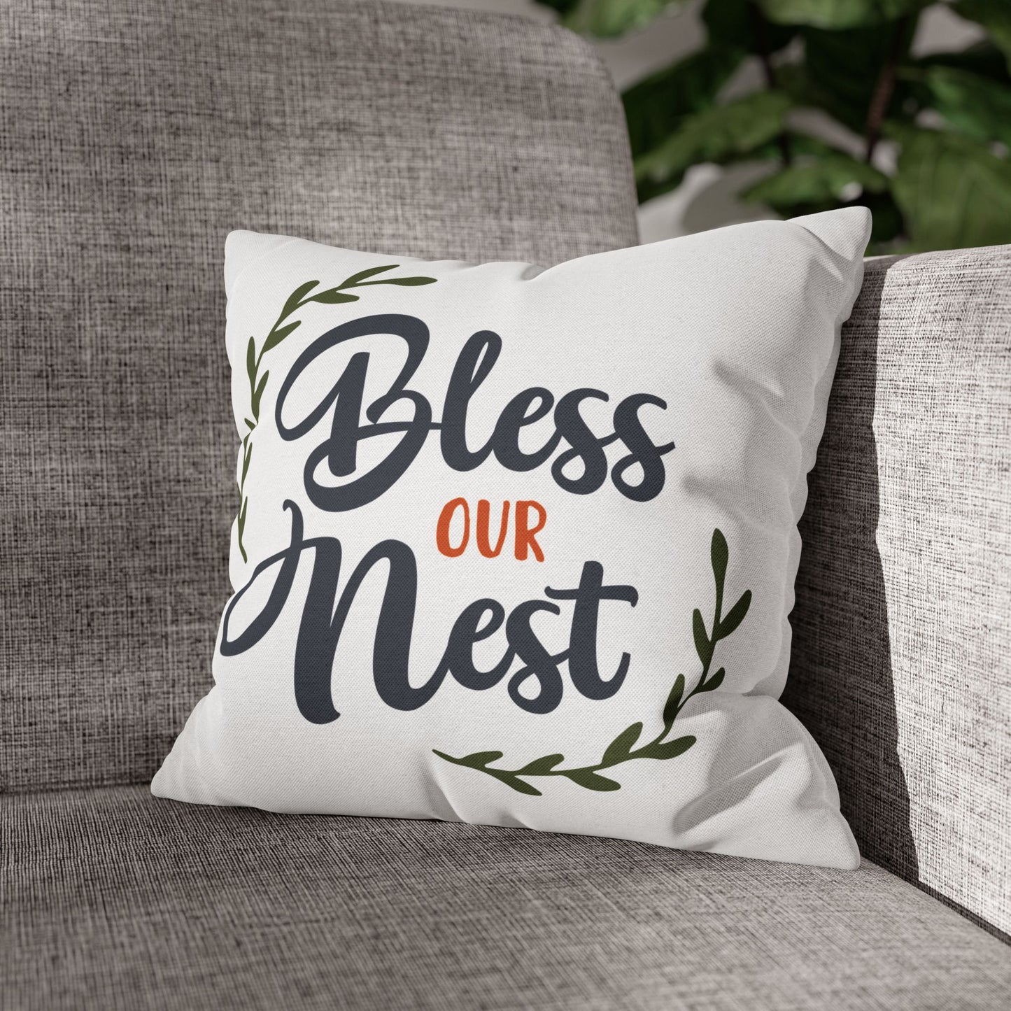 Decorative Bless Our Nest pillow cover with leafy design for cozy home decor