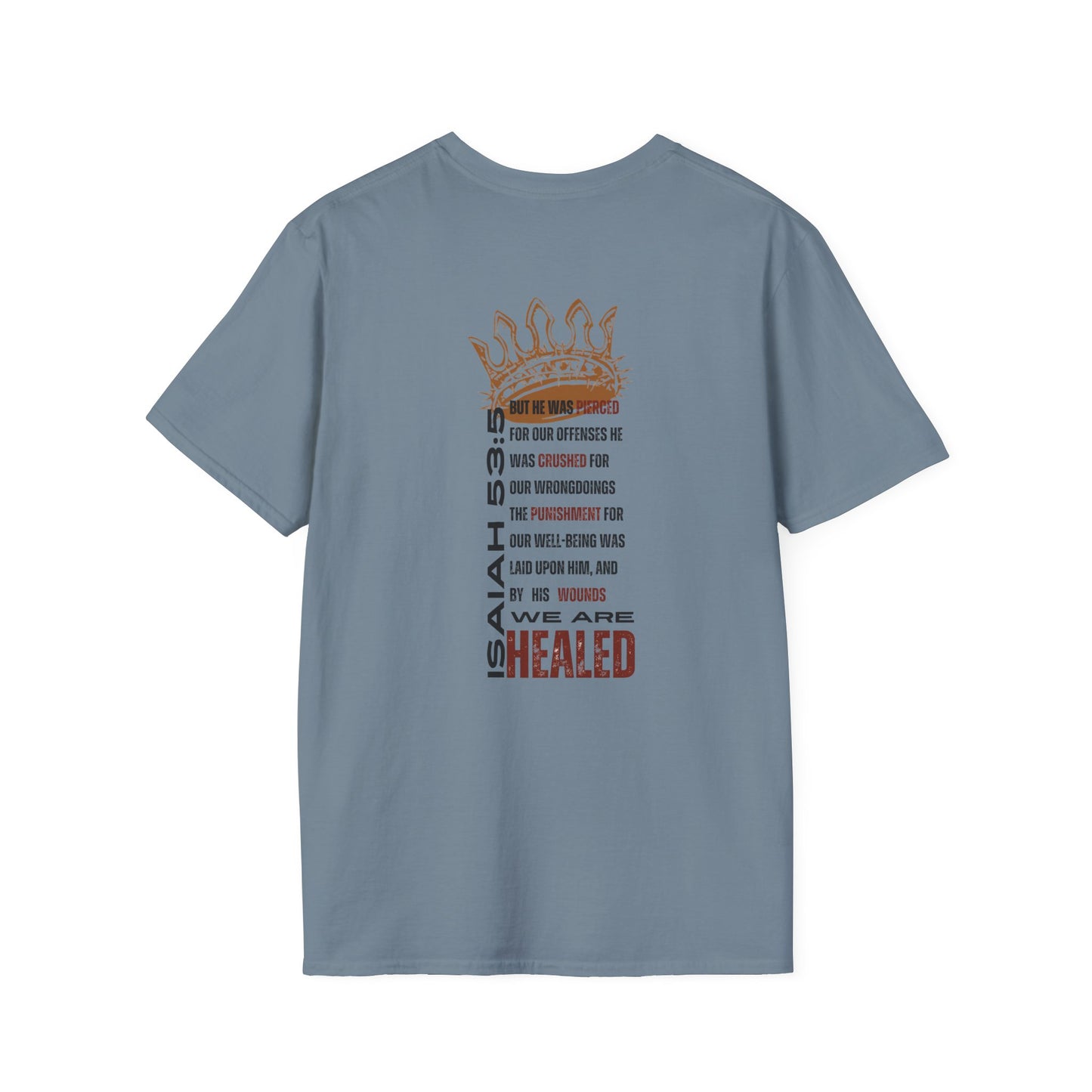 Blue T-Shirt featuring Isaiah 53 design with the phrase Christ our Healer apparel for a stylish, faith-inspired look