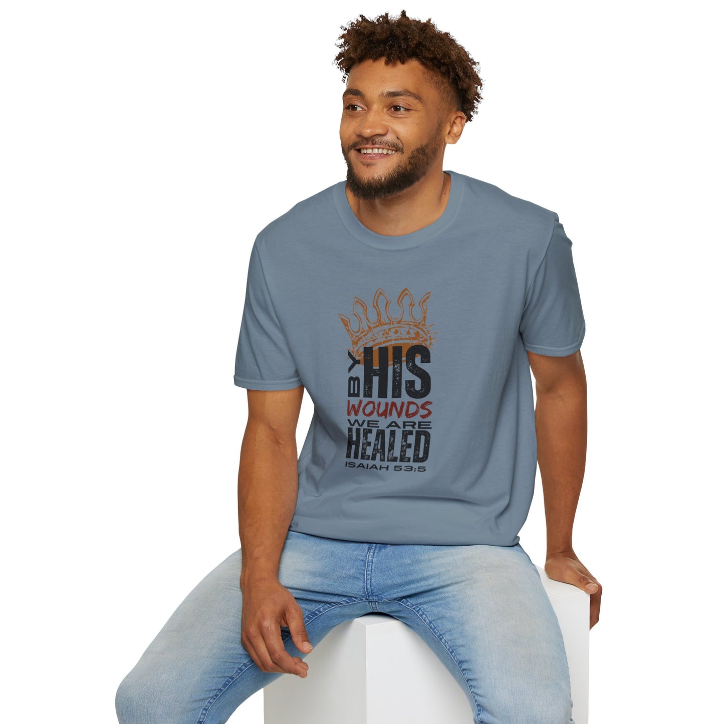 Men's blue T-shirt featuring Christ our Healer apparel with a graphic text design and inspirational quote