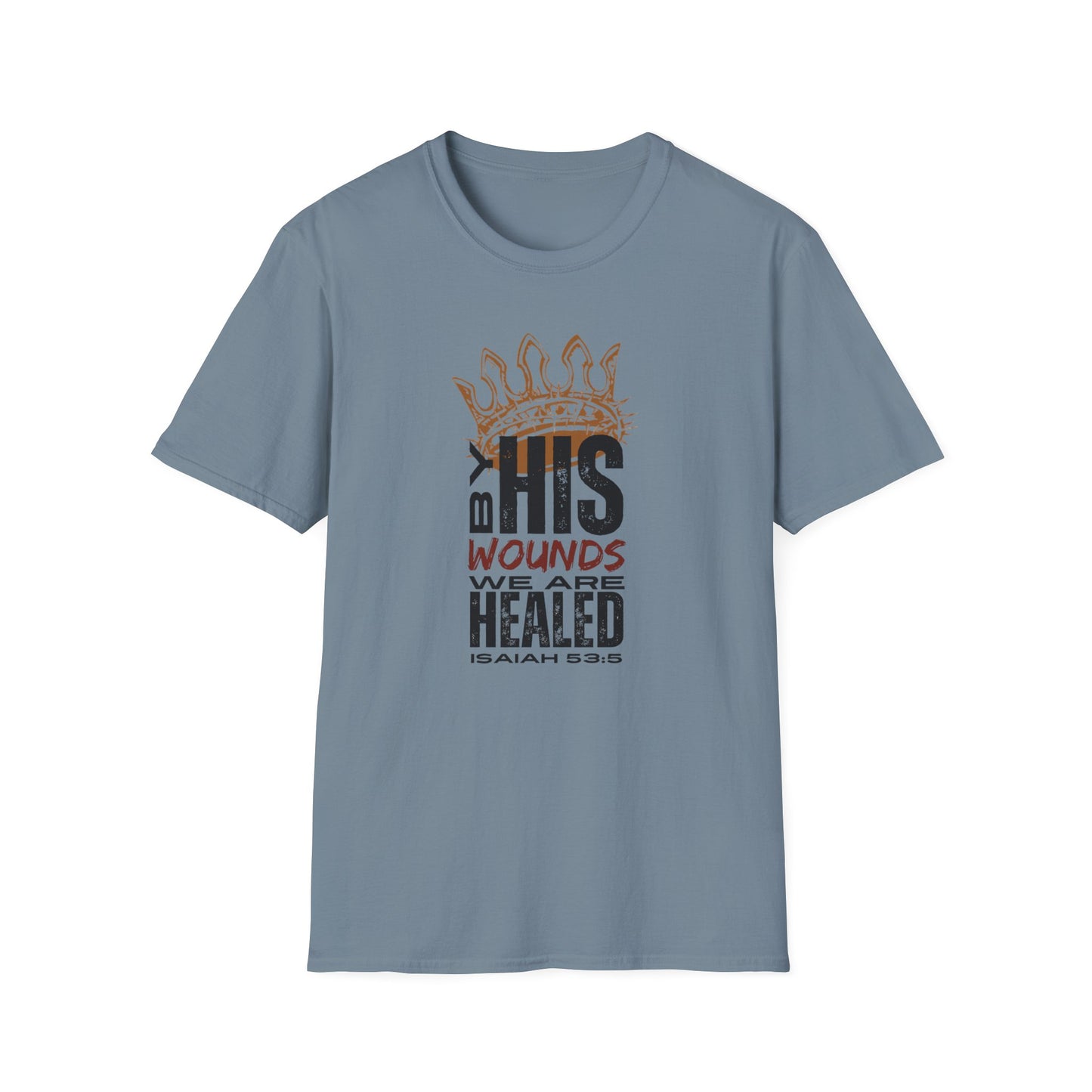 Light blue T-Shirt featuring 'By His Wounds We Are Healed' design from Christ our Healer apparel