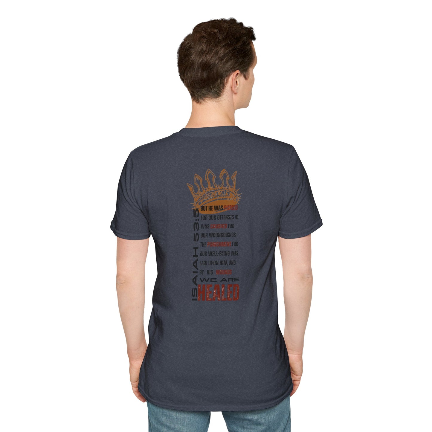 Men's navy T-shirt featuring the text 'Christ our Healer apparel' and a crown design on the back