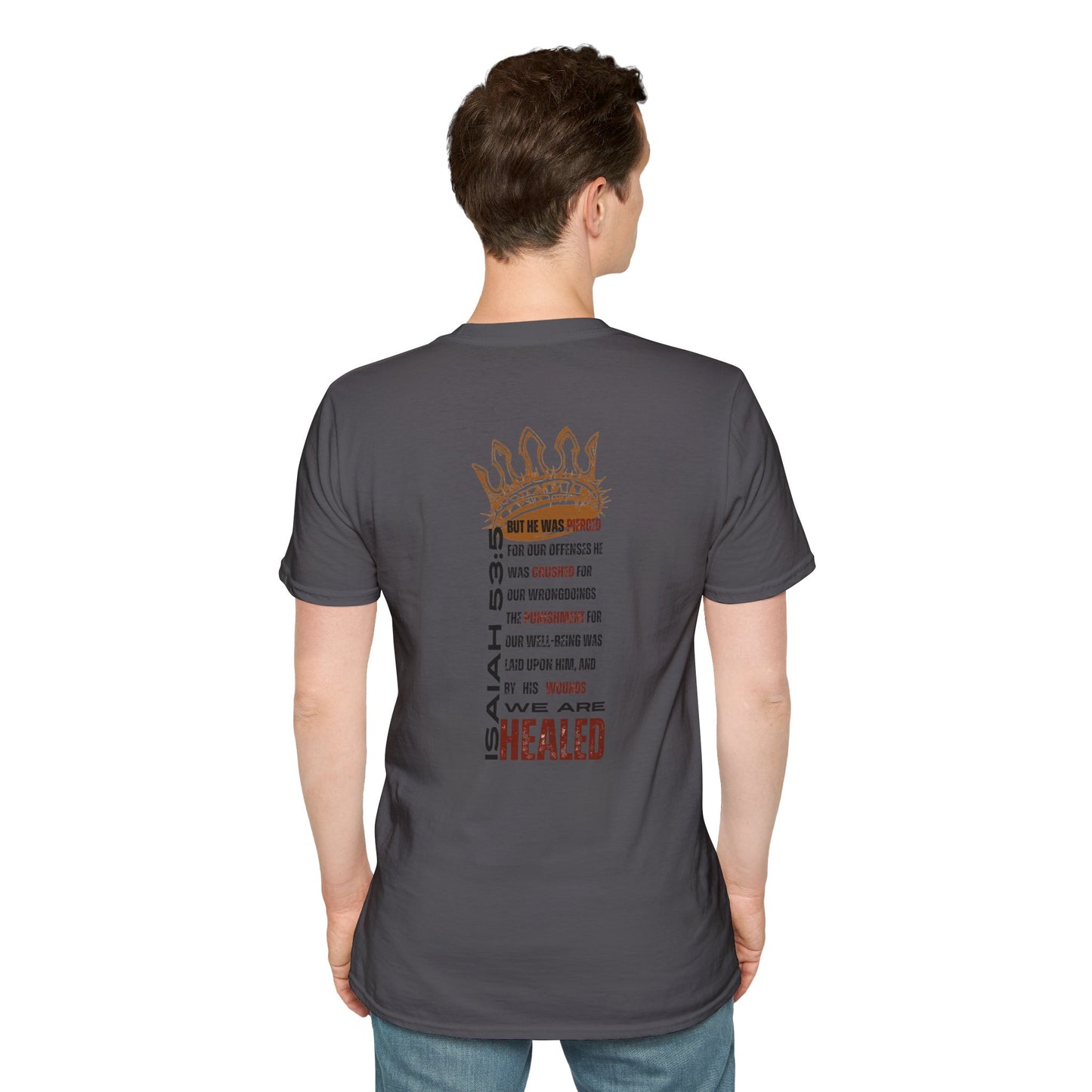 Back view of a gray T-shirt featuring inspirational text, ideal for Christ our Healer apparel enthusiasts