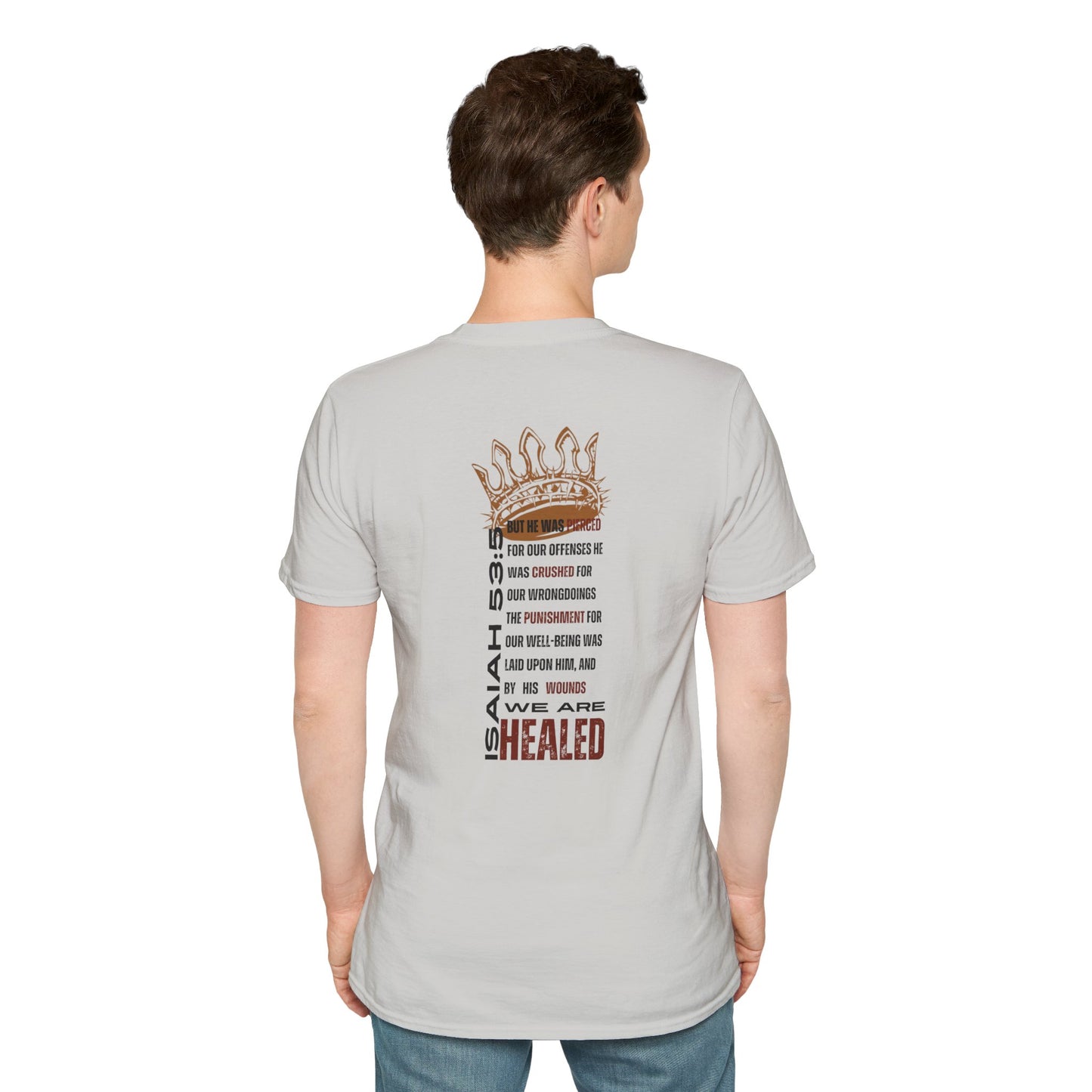 Light gray Christ our Healer apparel T-Shirt featuring inspirational text on the back