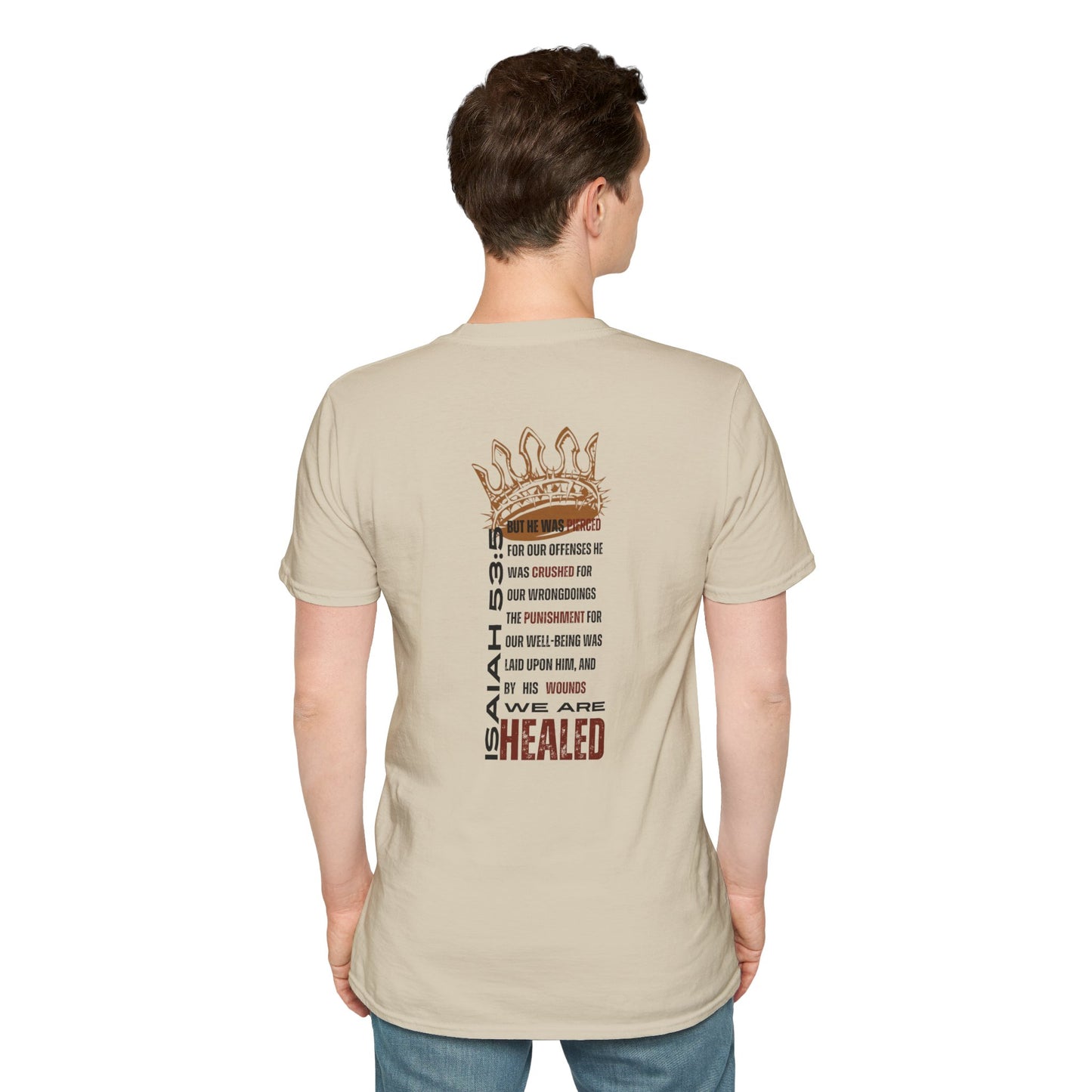 Beige T-Shirt featuring 'Christ our Healer apparel' design on back with inspirational text and crown graphic