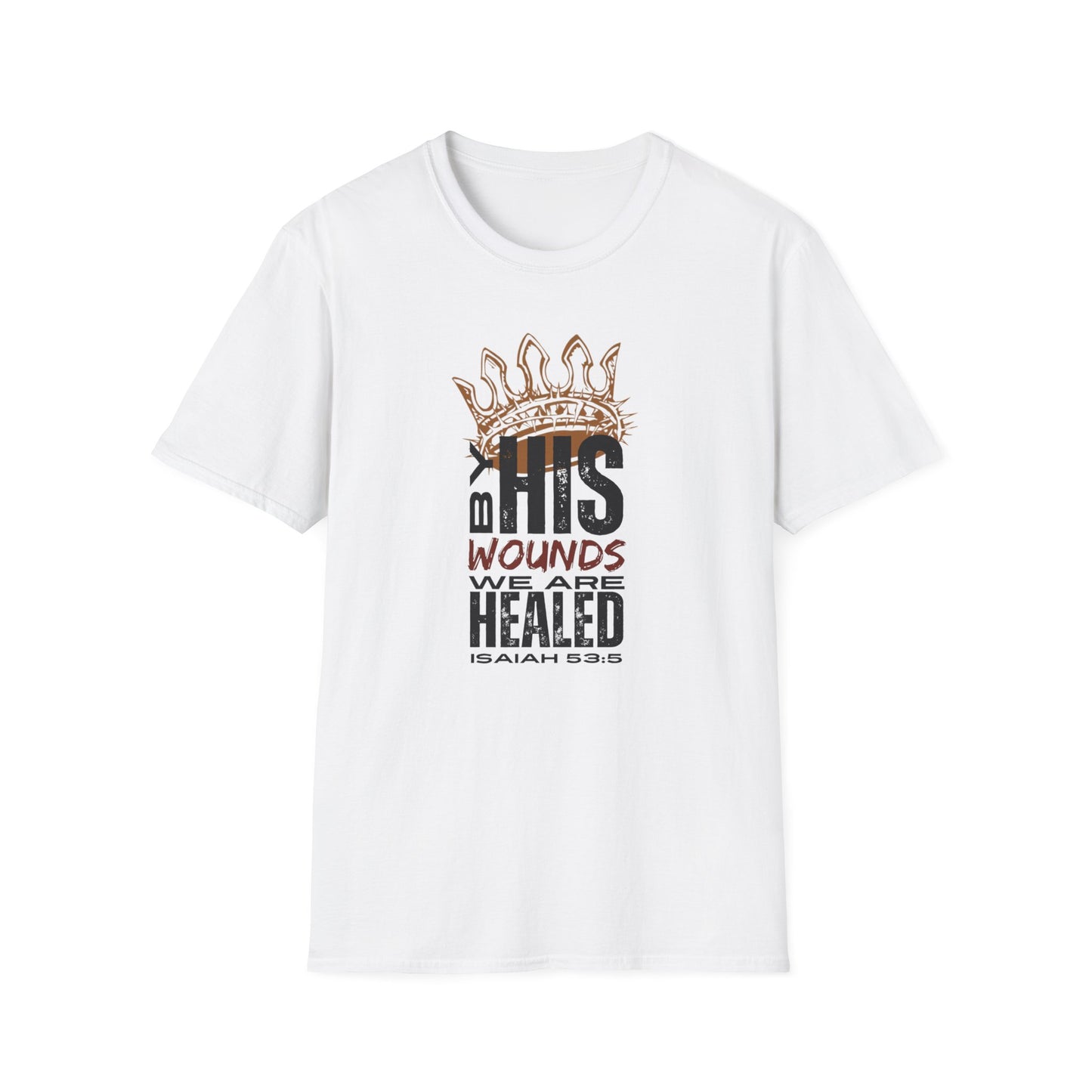 White T-Shirt featuring Christ our Healer apparel with inspirational Isaiah 53:5 design