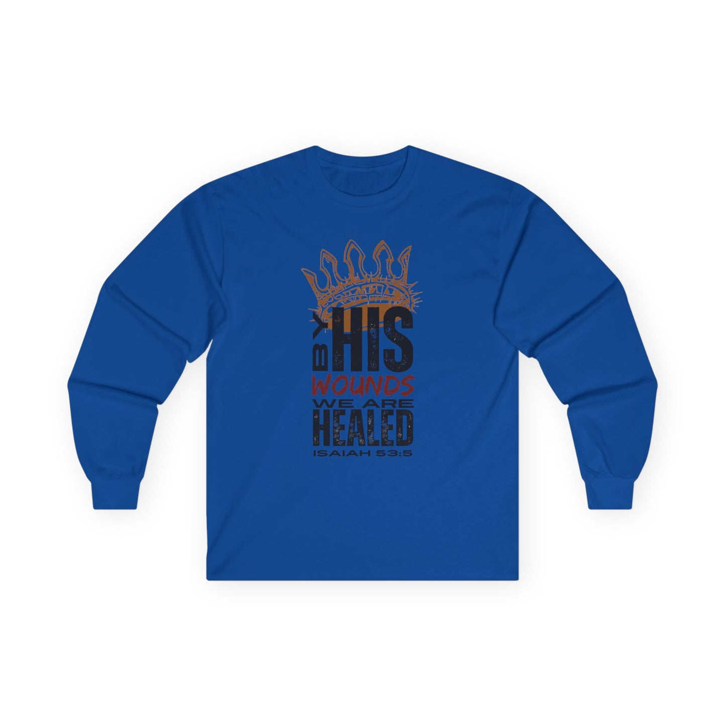 Blue long-sleeve Christ our Healer shirt with text from Isaiah 53:5 for spiritual inspiration