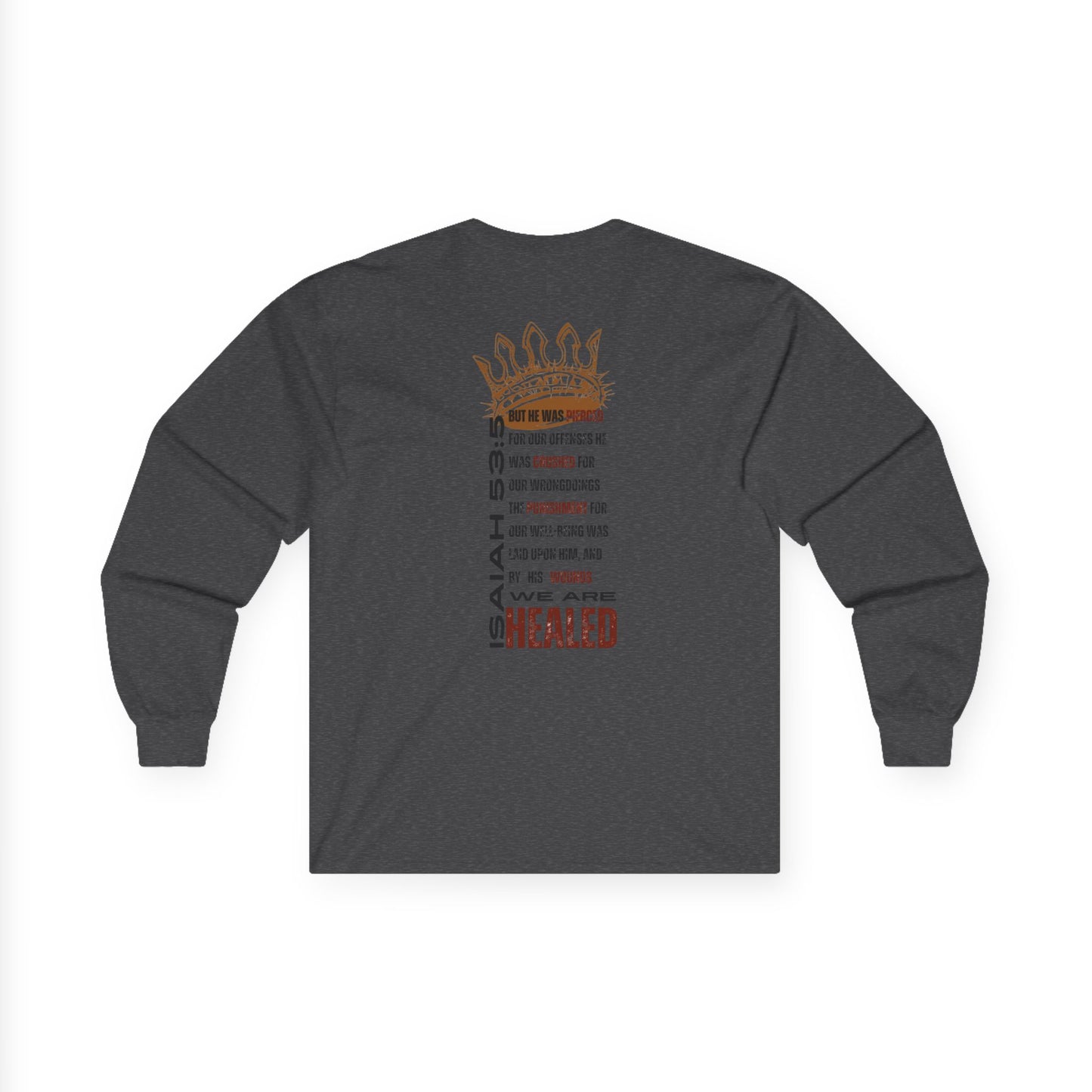 Christ our Healer shirt in dark gray featuring inspirational text and a unique design on the back