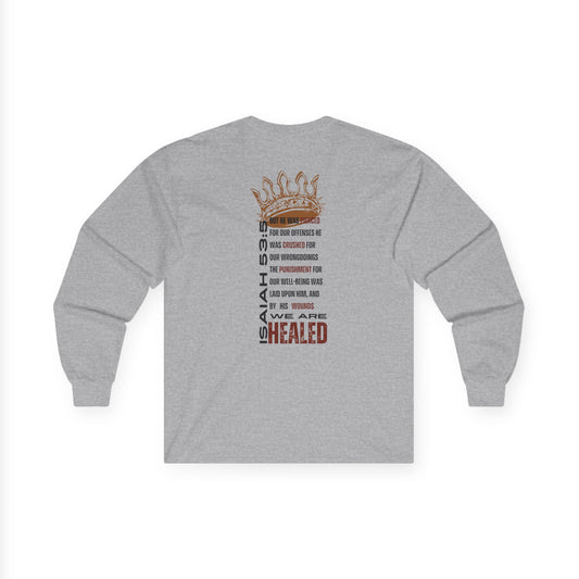 Gray long-sleeve Christ our Healer shirt featuring inspirational text and a crown graphic