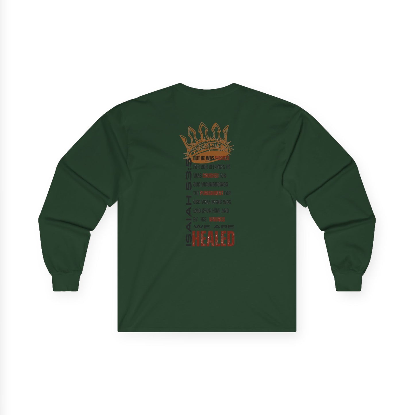 Christ our Healer shirt featuring text design on back in dark green long-sleeve fabric