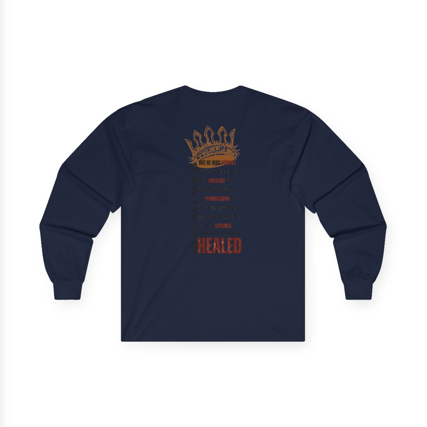 Navy long-sleeve Christ our Healer shirt featuring inspirational text design on the back