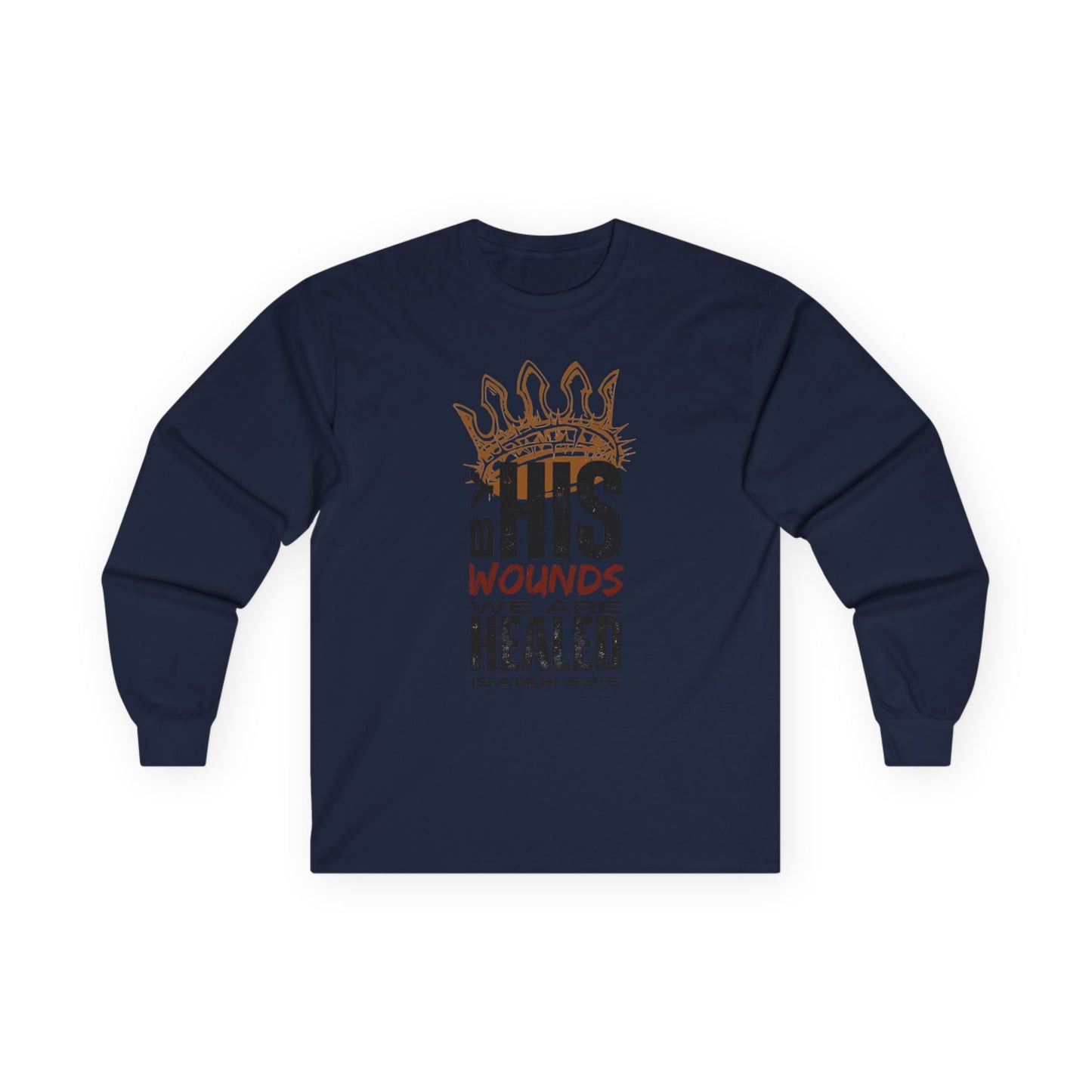 Christ our Healer shirt with a crown design and inspirational text on a navy long-sleeve fabric
