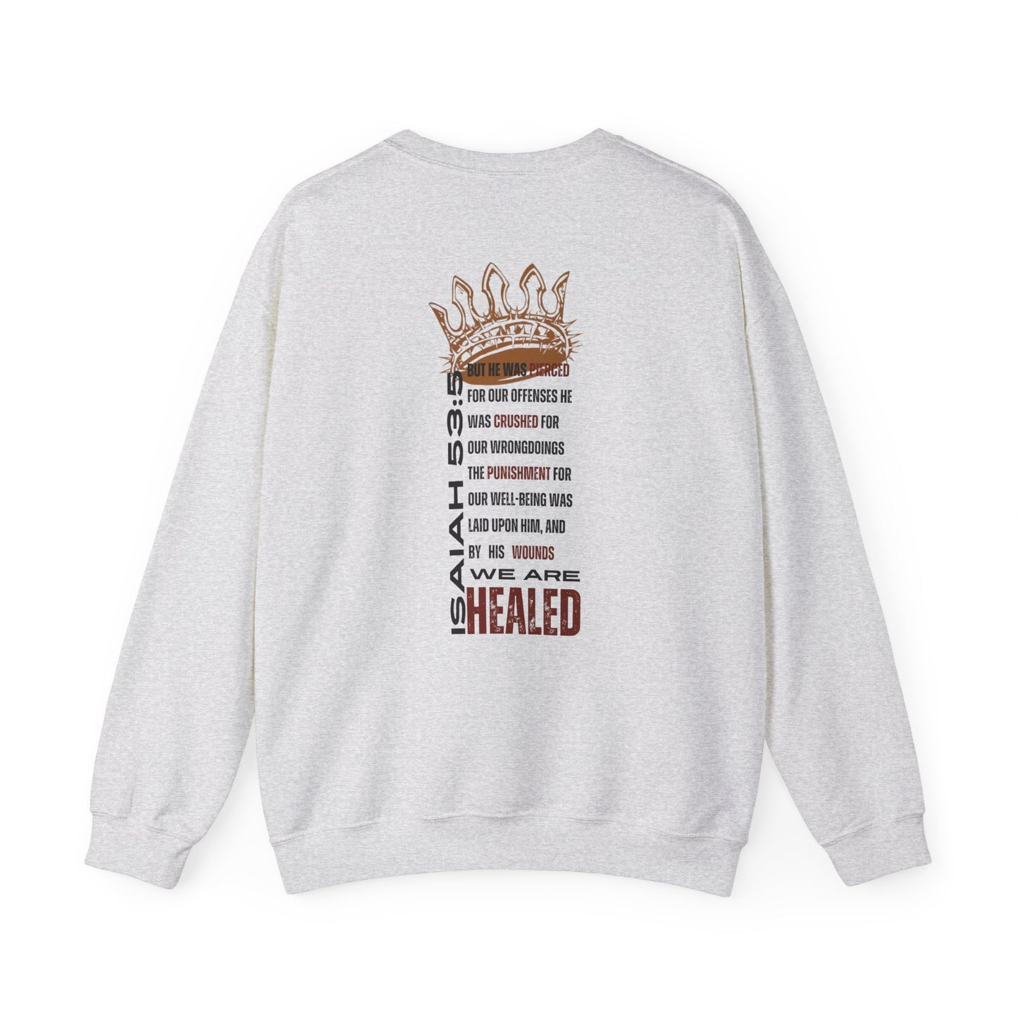 Christ our Healer sweatshirt in light gray featuring Isaiah 53 verse design on the back