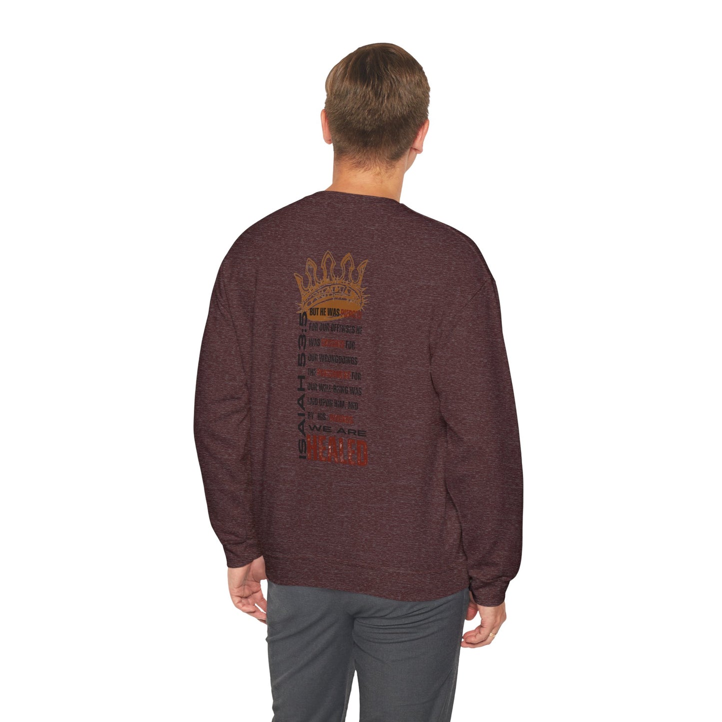 Back view of a maroon Christ our Healer sweatshirt featuring a crown design and inspirational text