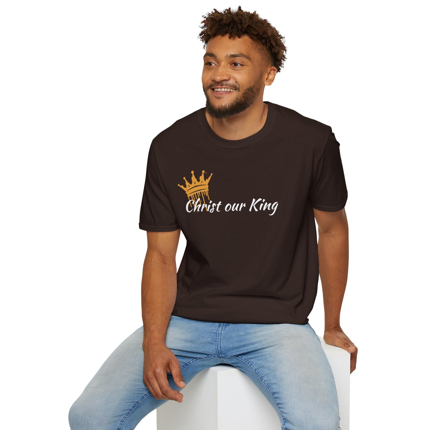 Christ our King shirt featuring Matthew 28:18 on the back and the text Christ our King with a crown design on the front