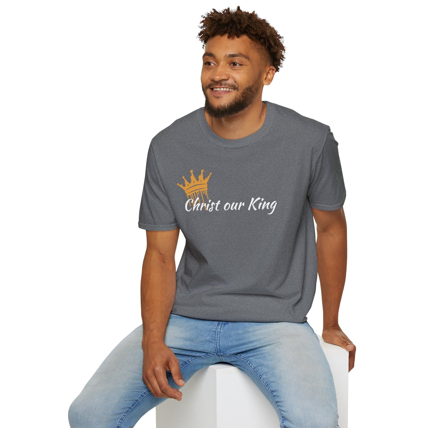Graphite Heather Christ our King shirt featuring crown design and Matthew 28:18 on the back