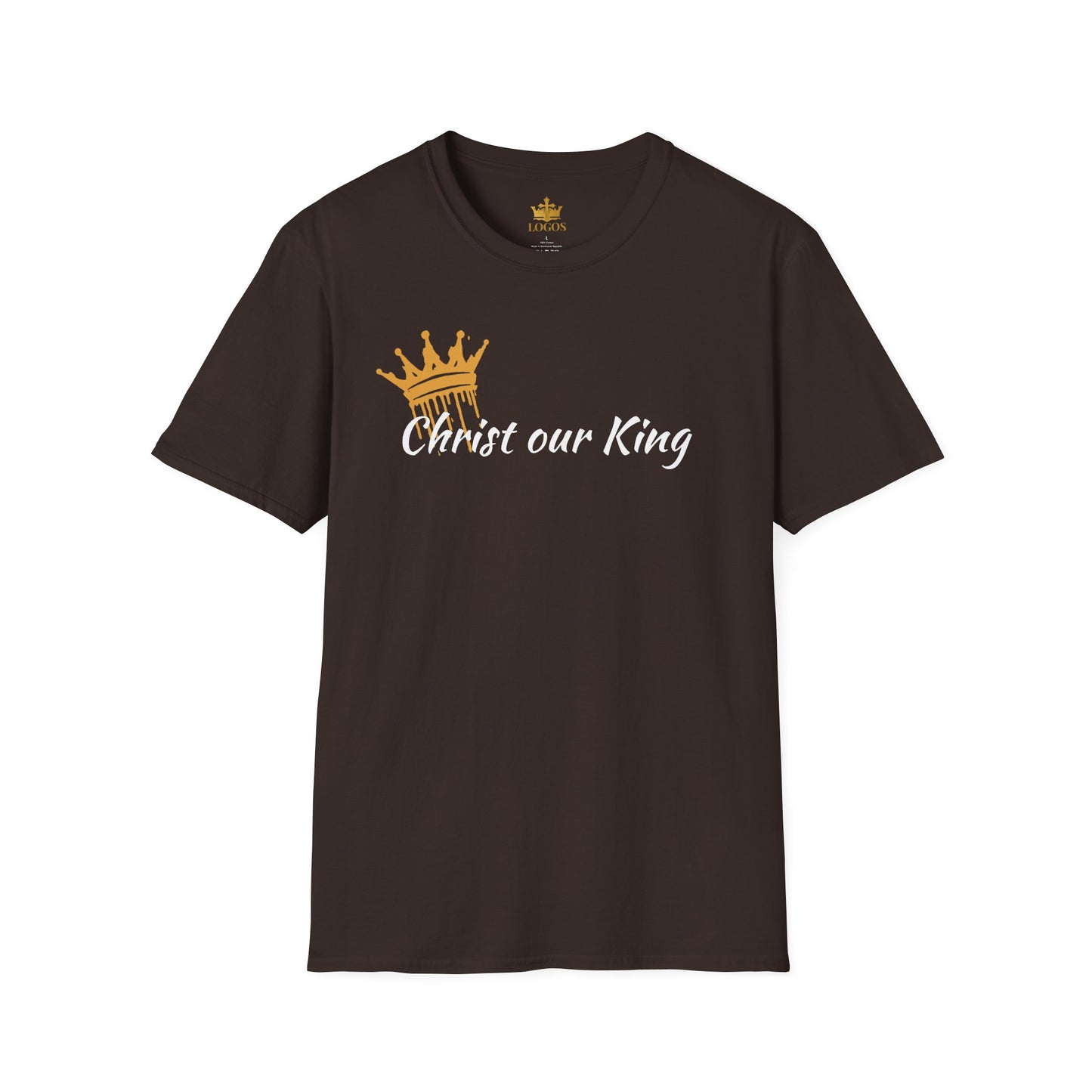 Brown "Christ our King" Christian t-shirt featuring a crown over this bold statement.