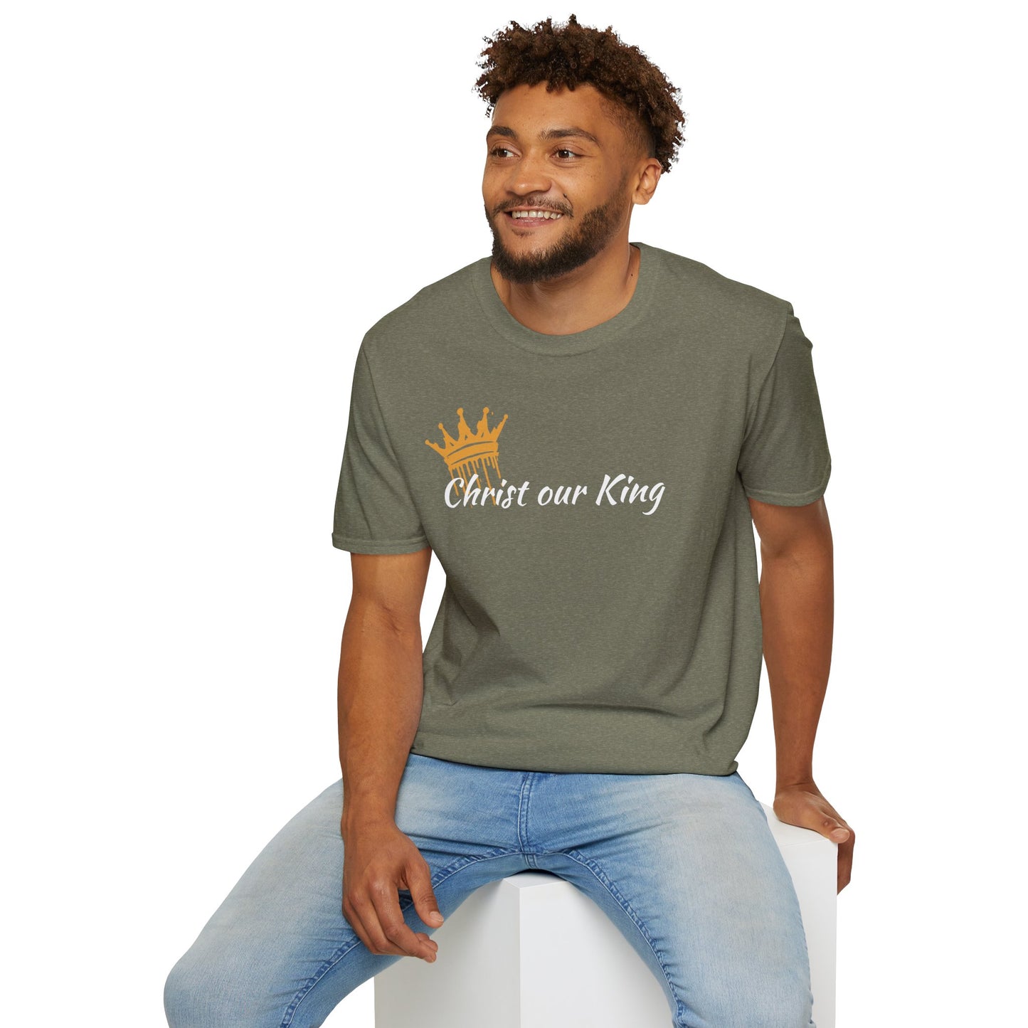 Heather Military Green Christian T-Shirt Matthew 28:18 with 'Christ our King' Text and Crown Design