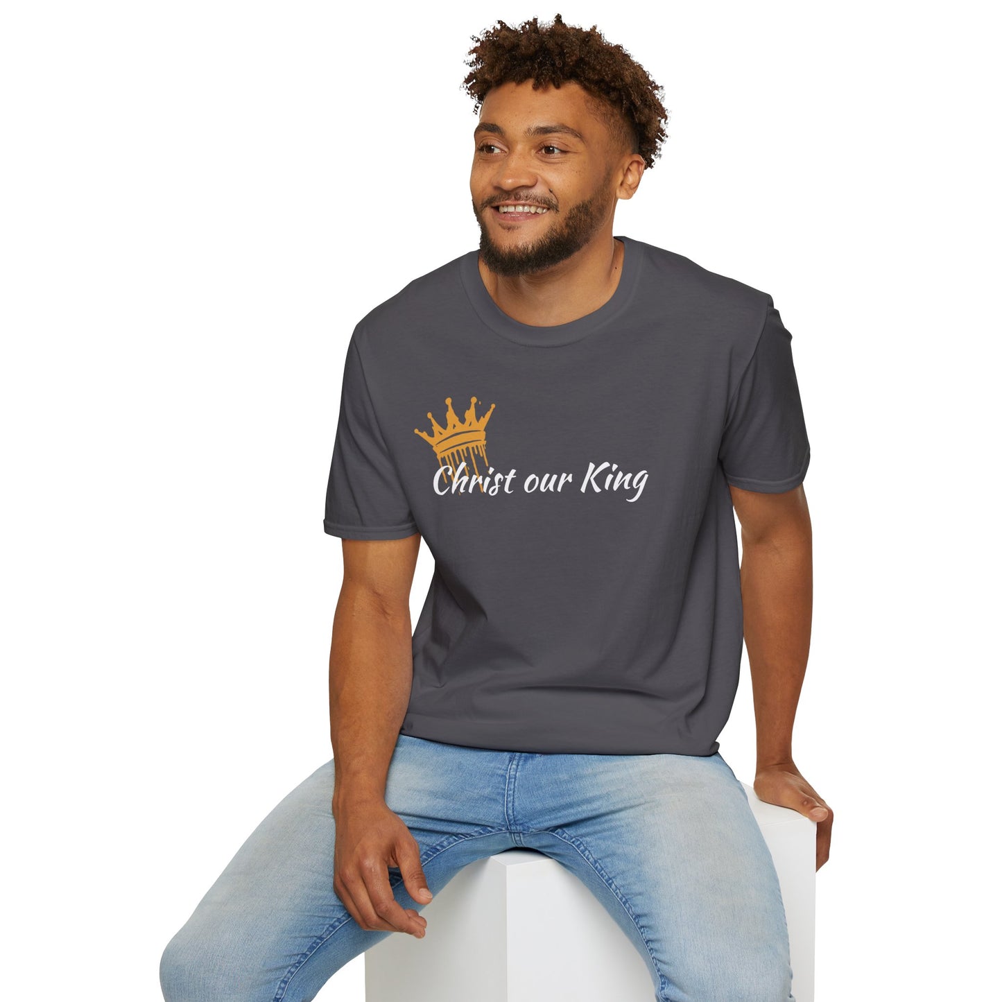 Charcoal Christian t-shirt featuring a crown atop the statement "Christ Our King"