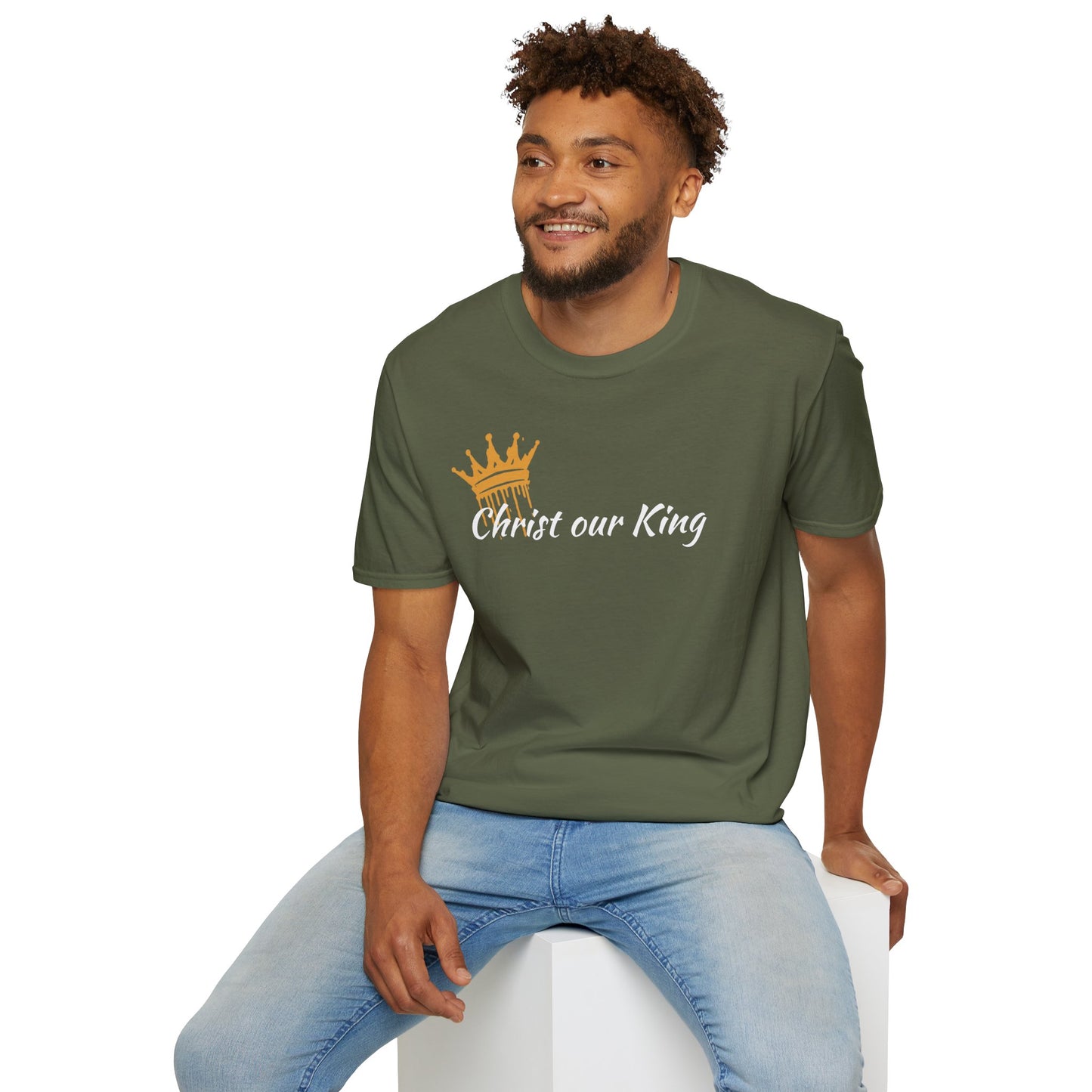 Military green Christ our King Christian t-shirt with Matthew 28:18 on the back