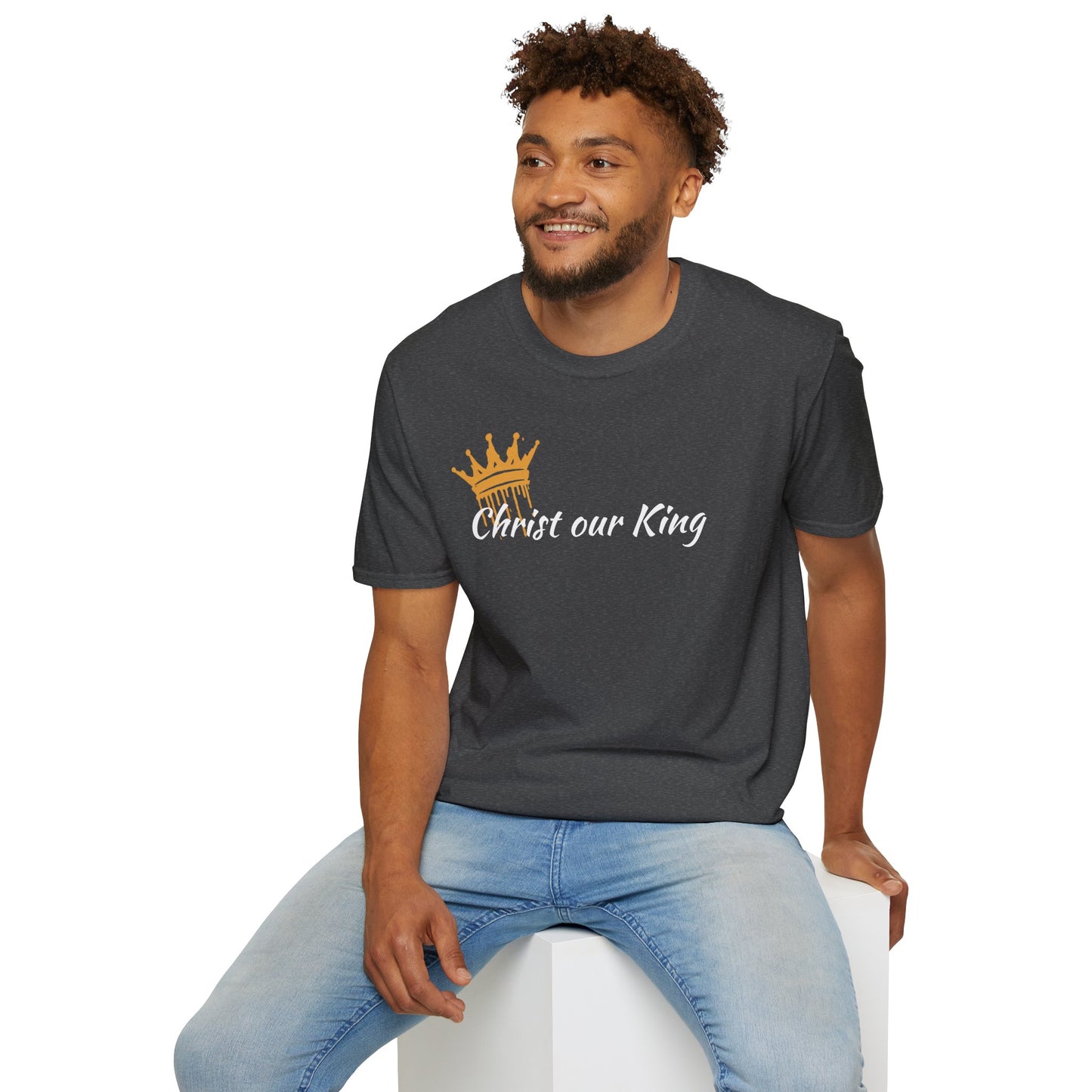 Dark Heather gray Christ our King Christian t-shirt with a bold crown design and Matthew 28:18 on the back