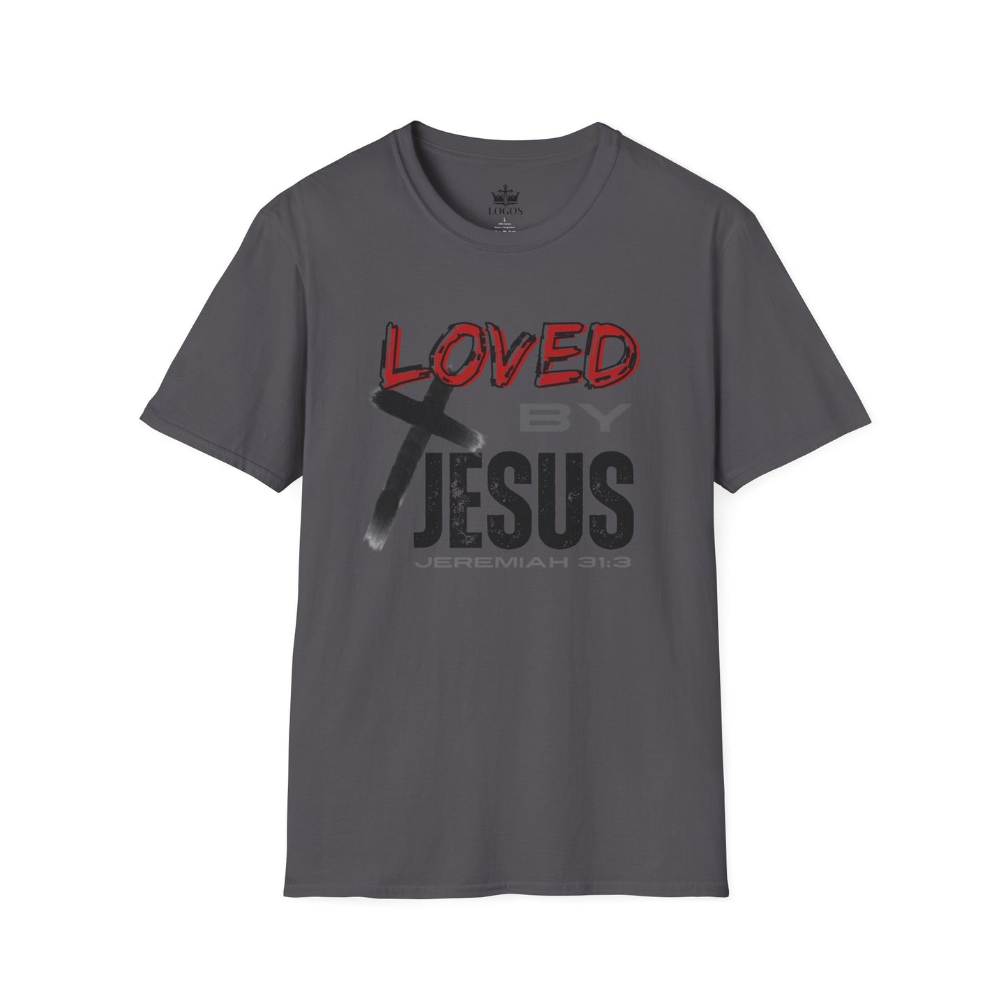 Christian graphic t-shirt in charcoal with Loved by Jesus text and cross design