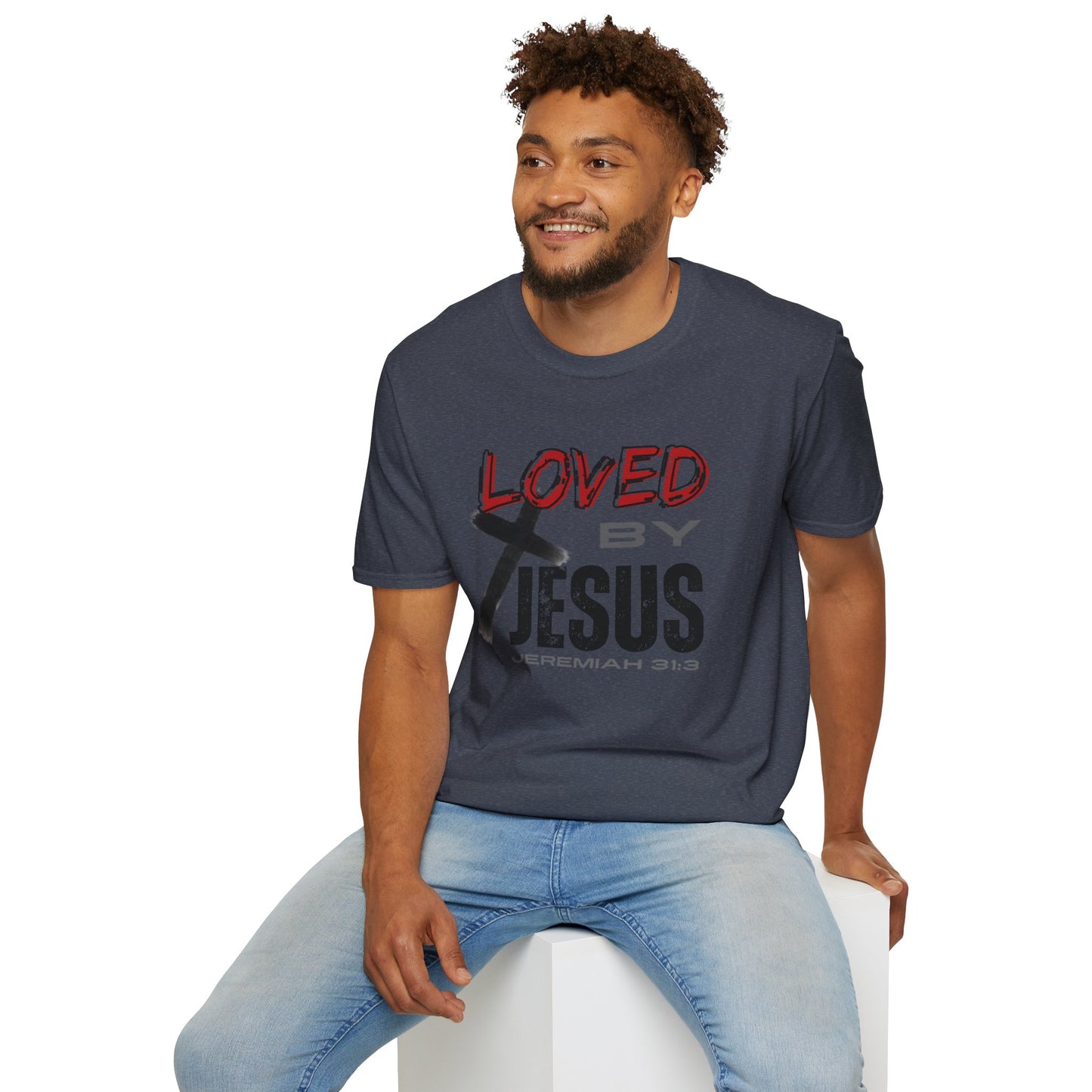Man wearing heather navy Christian graphic t-shirt with Loved by Jesus design and cross print