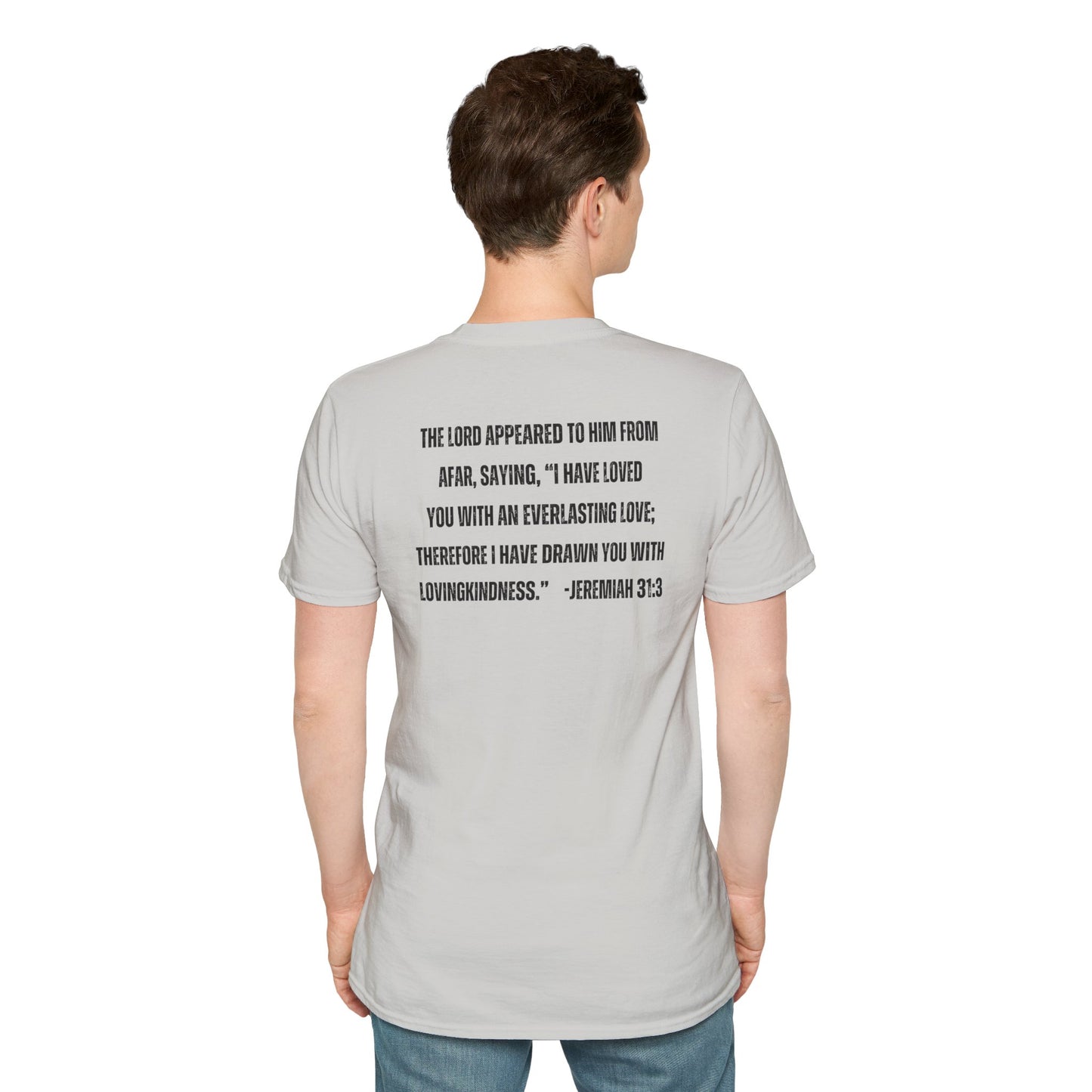 Back view of man wearing a ice gray Christian graphic t-shirt with a Bible verse from Jeremiah 31 on the back