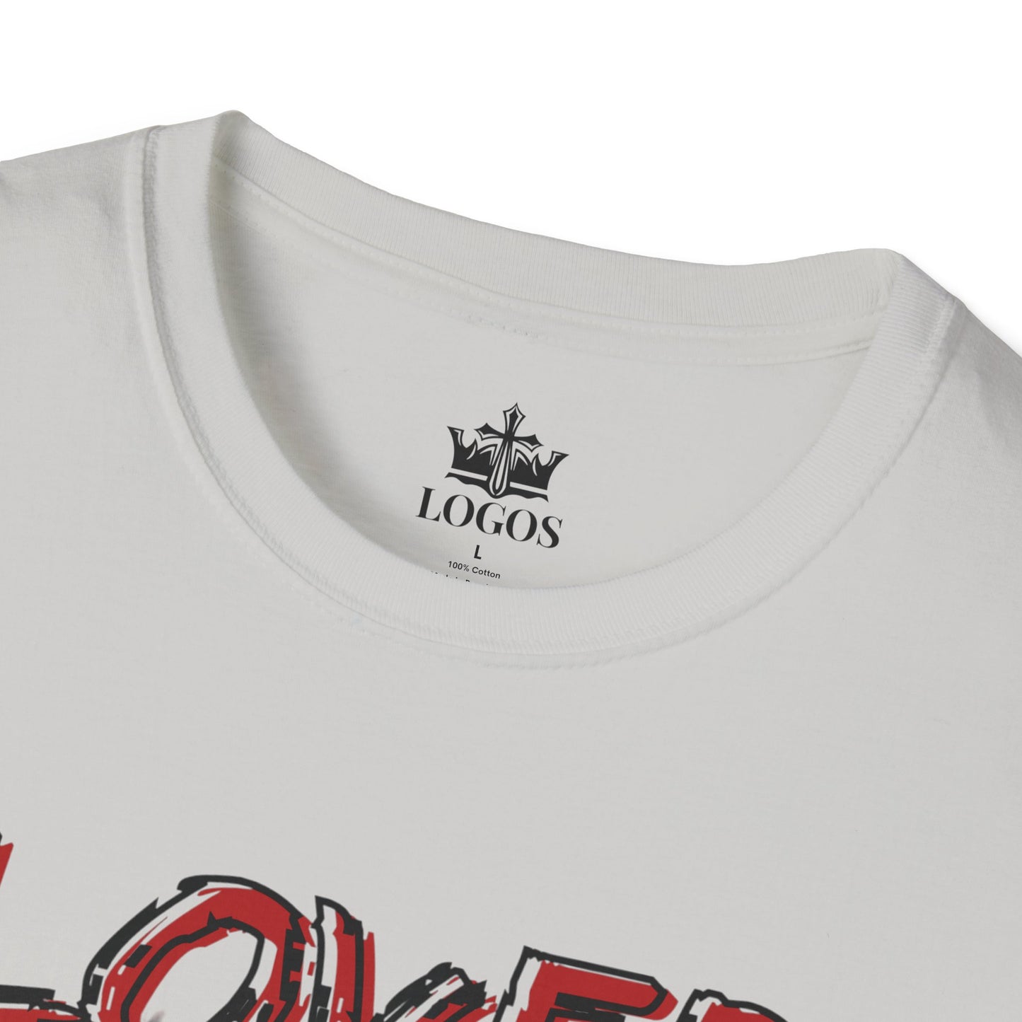 Ice grey Christian graphic t-shirt with Logos brand label and partial red graphic design