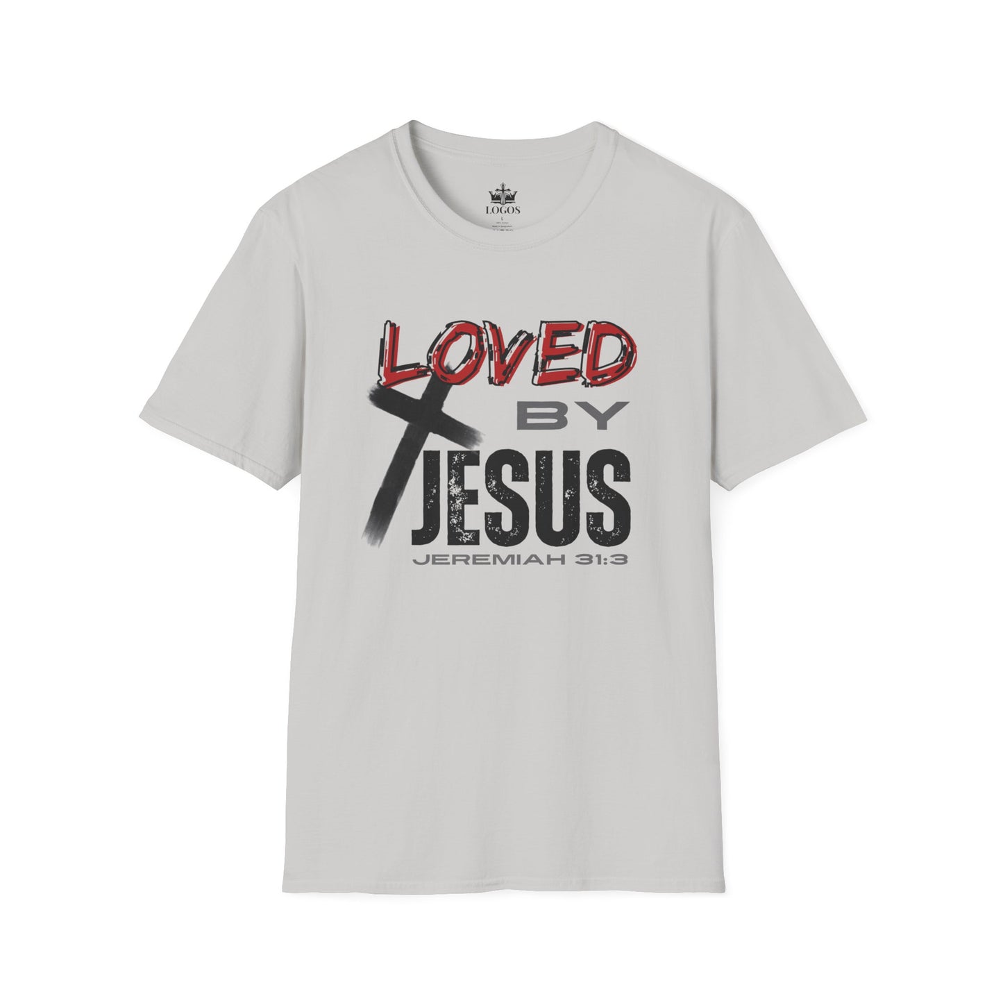 Ice grey Christian graphic t-shirt with Loved by Jesus and cross design from Logos Co.