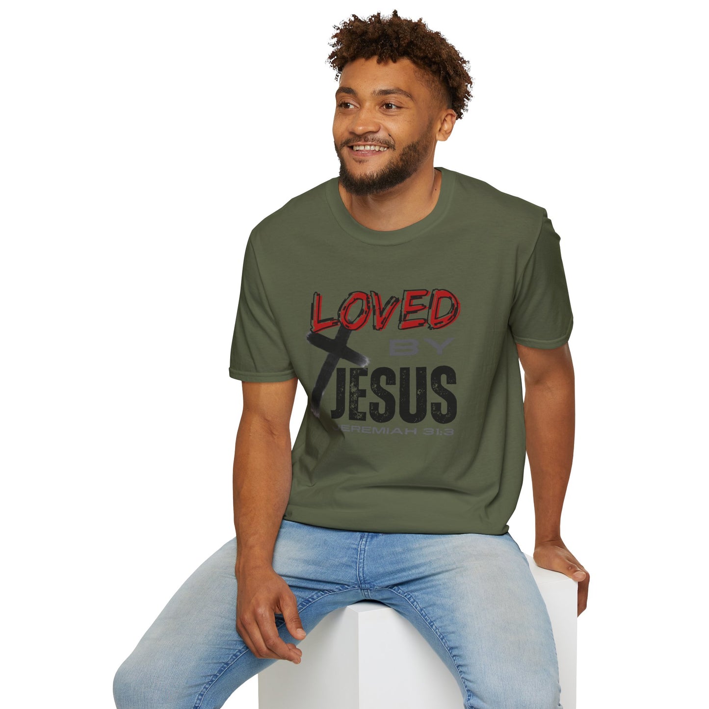 Christian graphic t-shirt in military green with Loved by Jesus design worn by a man