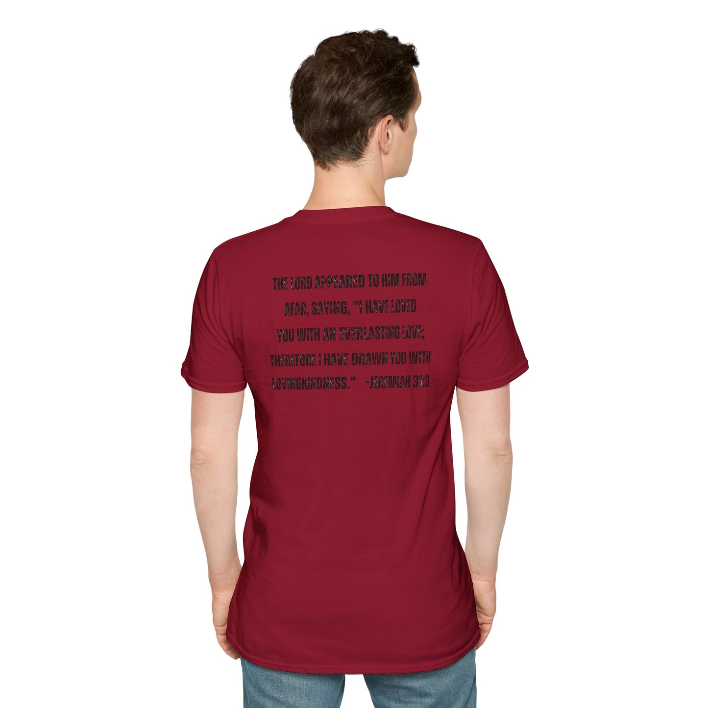 Cardinal red Christian graphic t-shirt with Bible verse text on the back