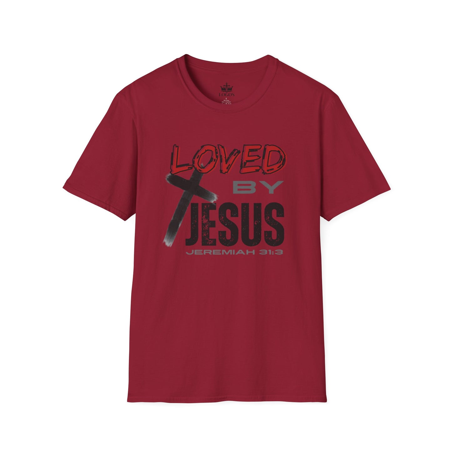 Christian graphic t-shirt in red with Loved by Jesus Jeremiah 31 3 design