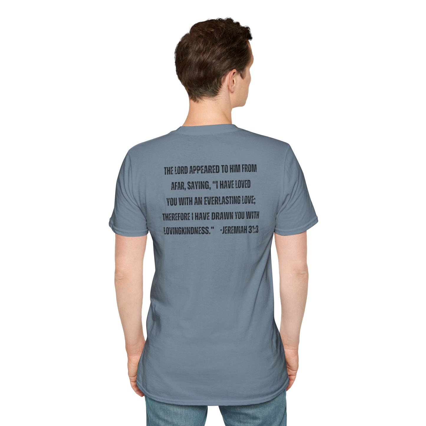 Back view of man wearing a stone blue Christian graphic t-shirt with a Jeremiah 31:3 Bible verse printed
