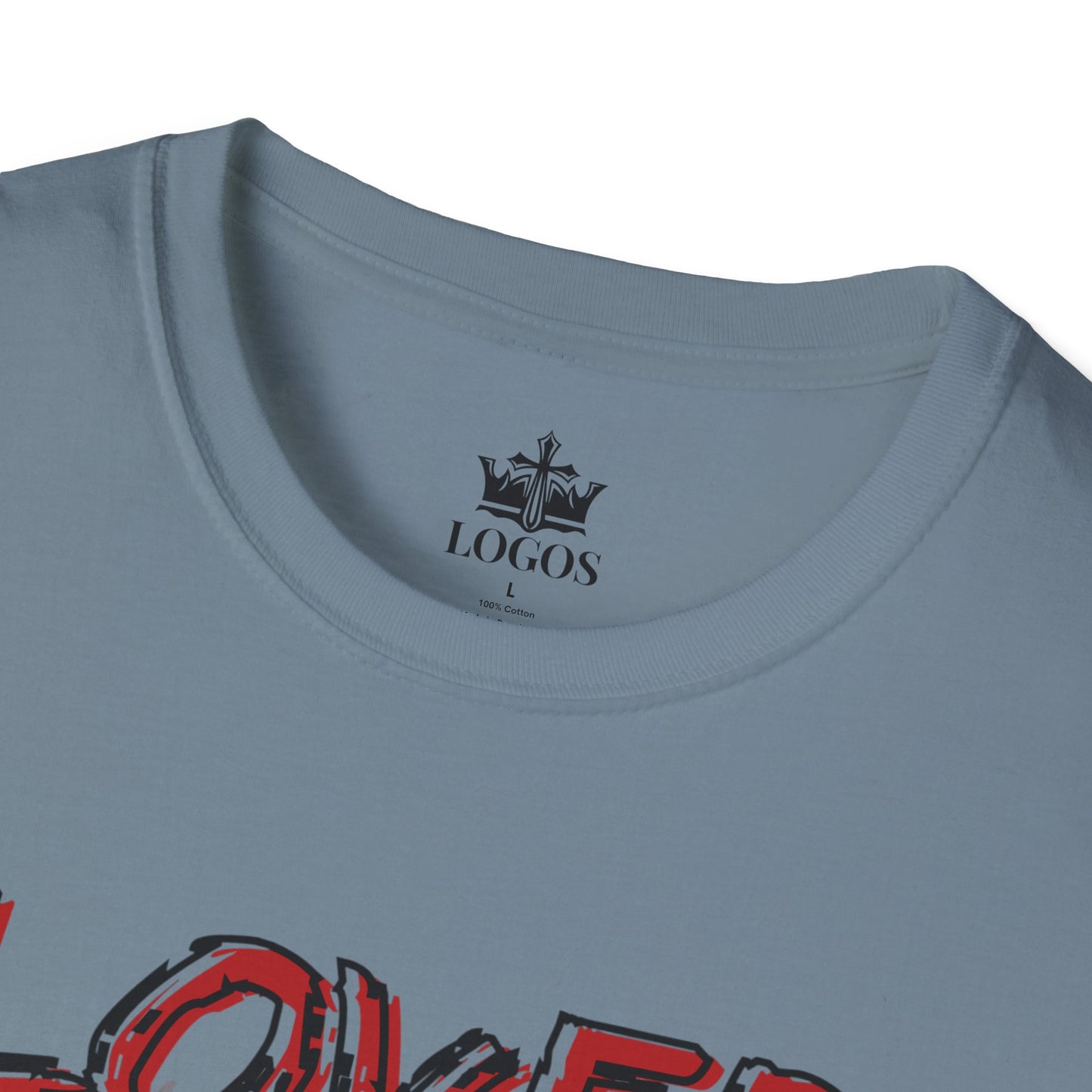 Stone blue T-shirt with Christian graphic t-shirt design and LOGOS brand label inside collar