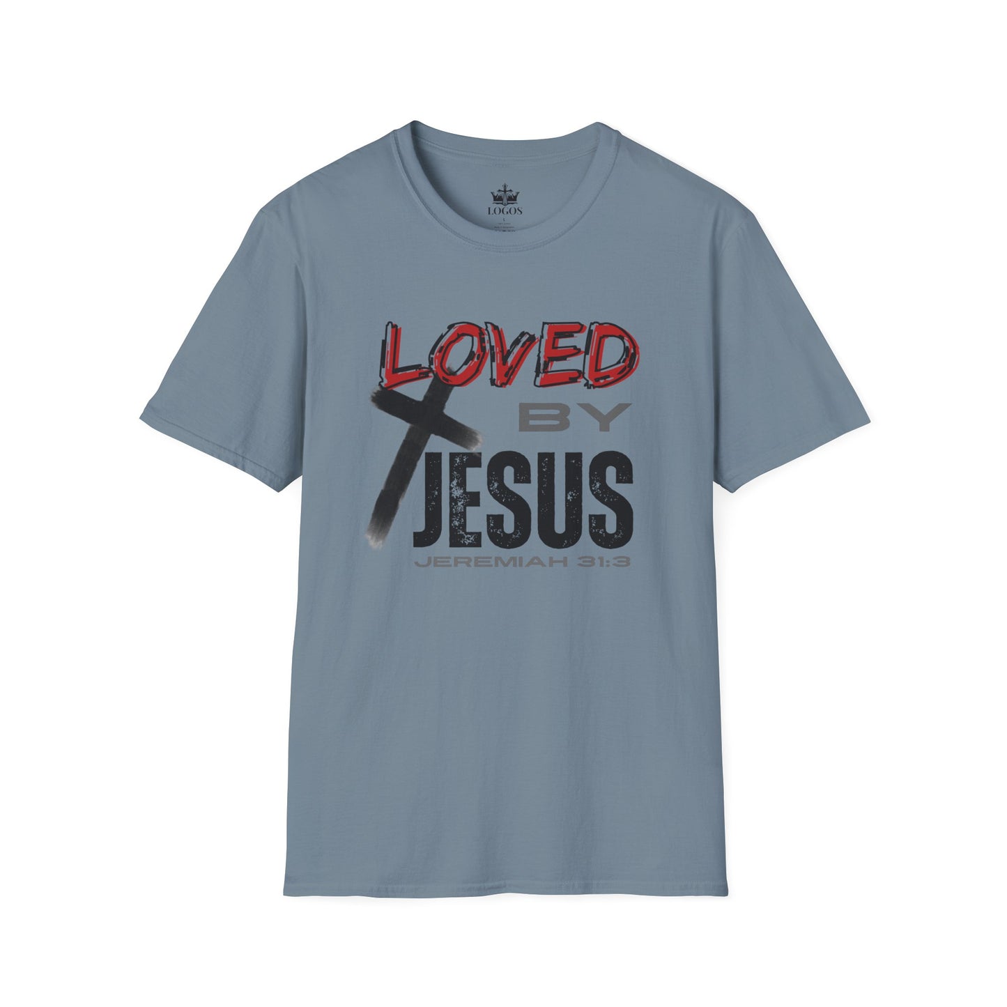 Christian graphic t-shirt by Logos Co. in stone blue with Loved by Jesus text and cross design