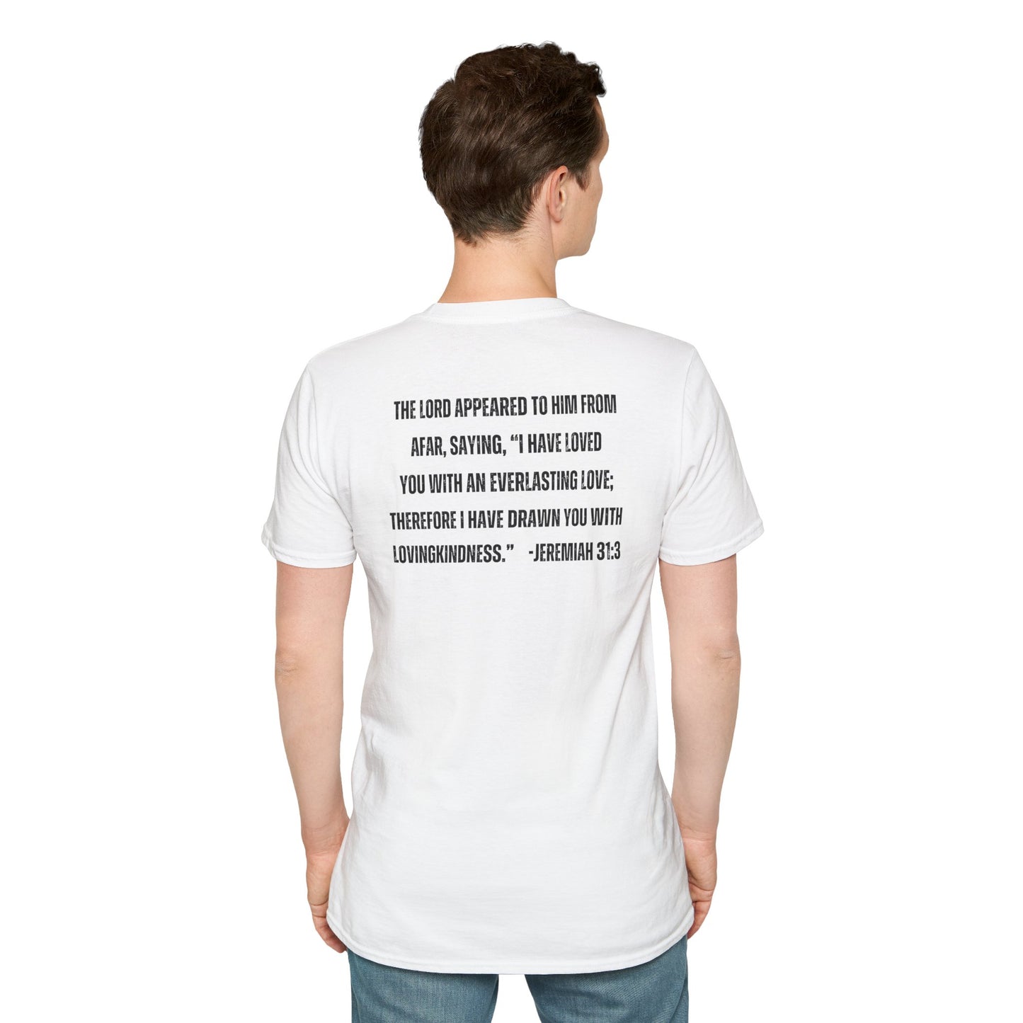 White Christian graphic t-shirt with Jeremiah 31:3 Bible verse printed on back