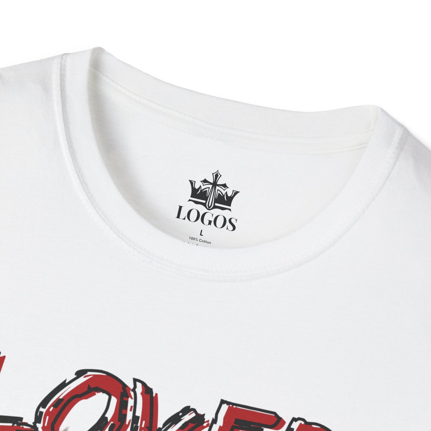 Close-up of white Christian graphic t-shirt showing neckline and part of printed design
