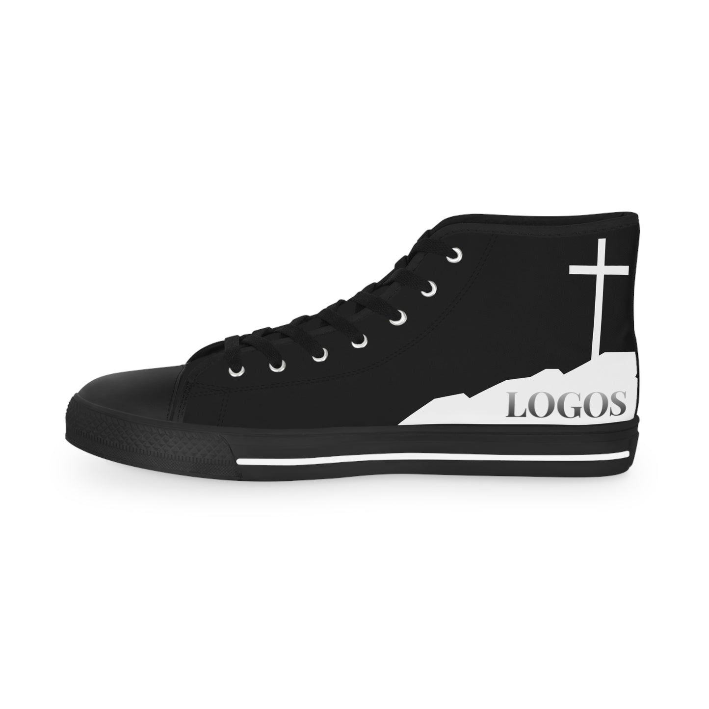 Black sole - Follow Me Christian high-top sneakers by featuring a white cross and Logos design