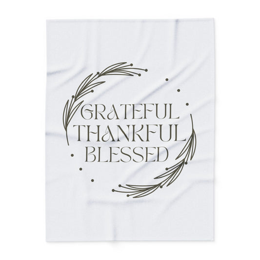 Christian home decor blanket featuring the words Grateful Thankful Blessed in elegant script