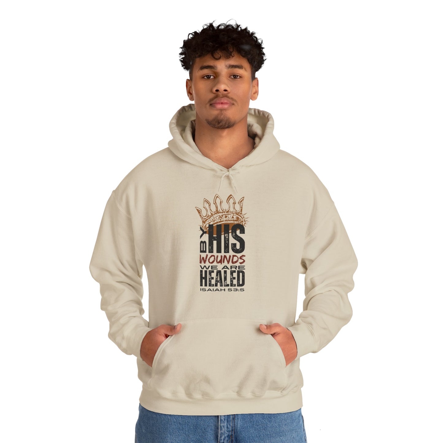 Beige Christian hooded sweatshirt with inspirational design and scripture from Isaiah 53:5