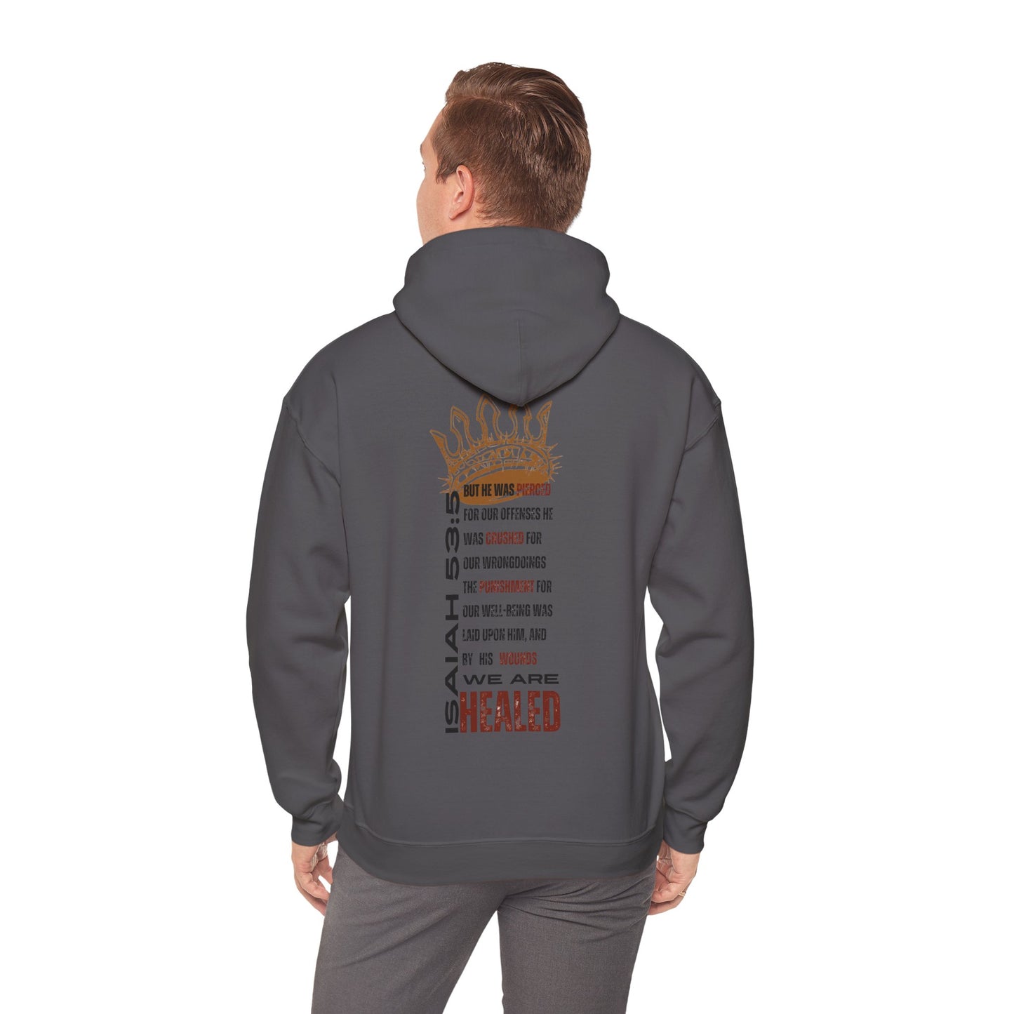 Christian hooded sweatshirt with Isaiah 53:5 verse printed on the back for a spiritual style