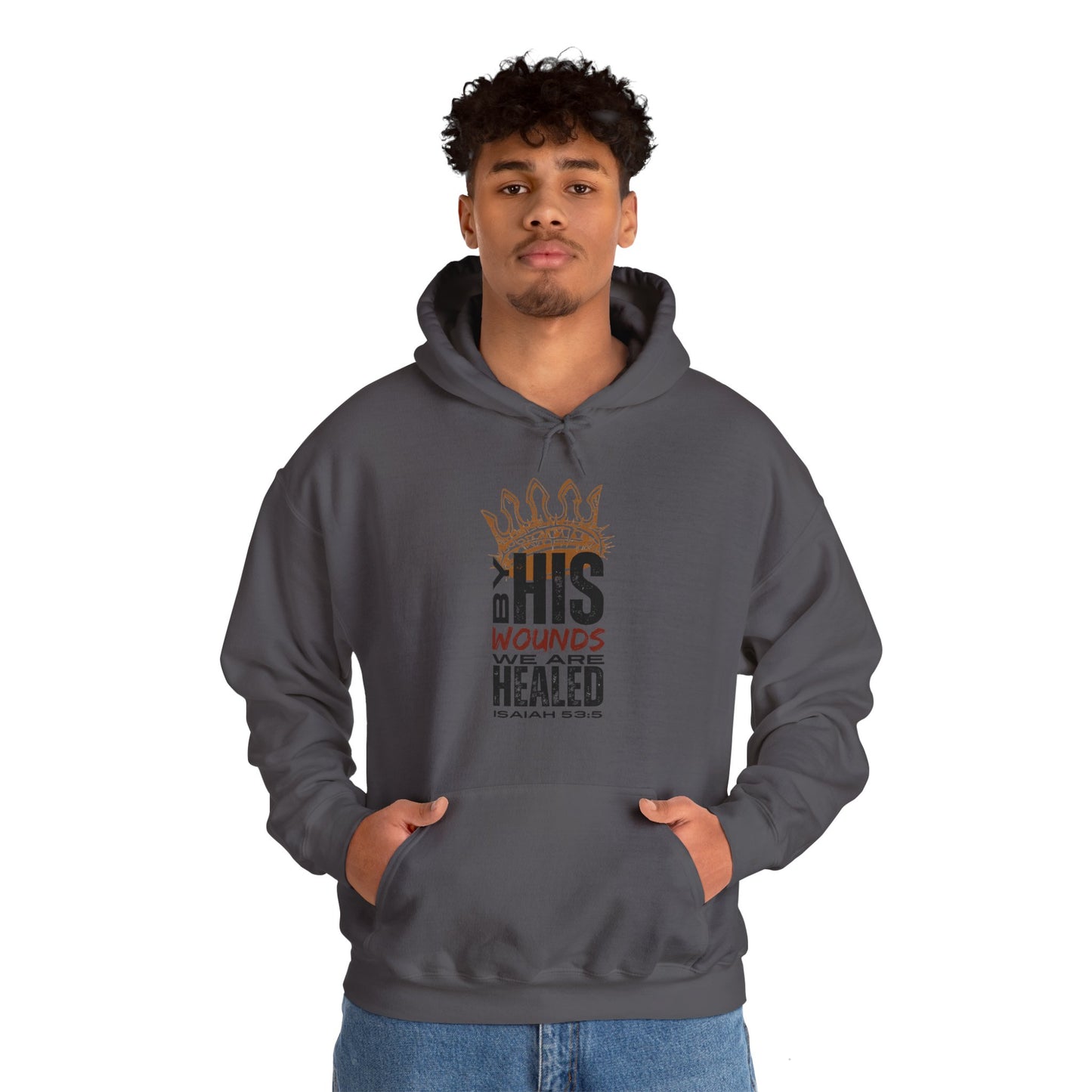 Christian hooded sweatshirt in gray featuring a motivational design about healing and faith
