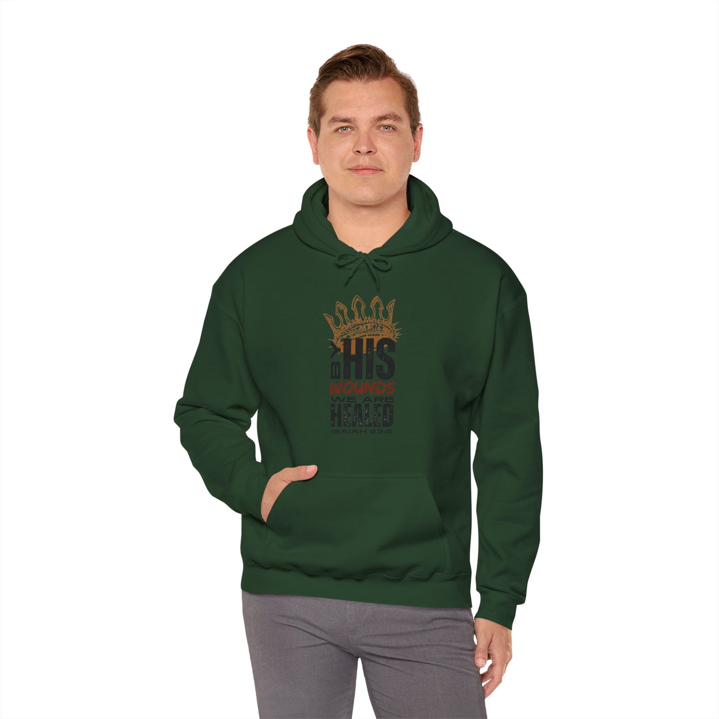 Christian hooded sweatshirt in dark green featuring inspirational text design for comfort and style