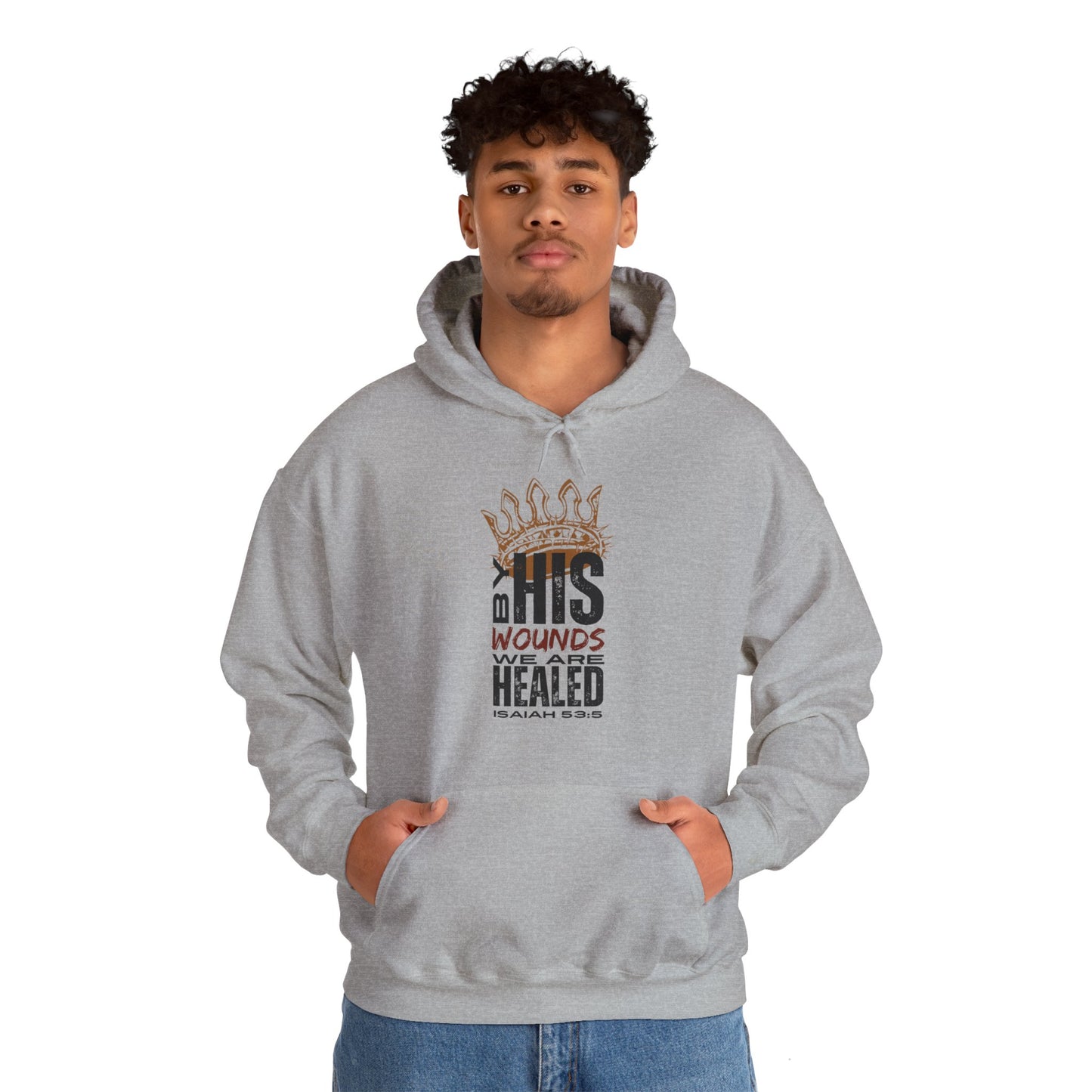 Gray Christian hooded sweatshirt featuring a powerful healing quote from Isaiah 53:5