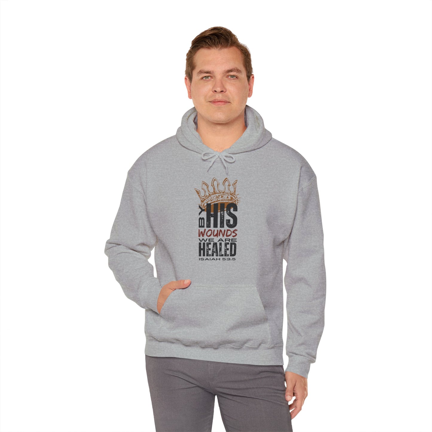 Christian hooded sweatshirt in grey with inspirational graphic design expressing faith and healing